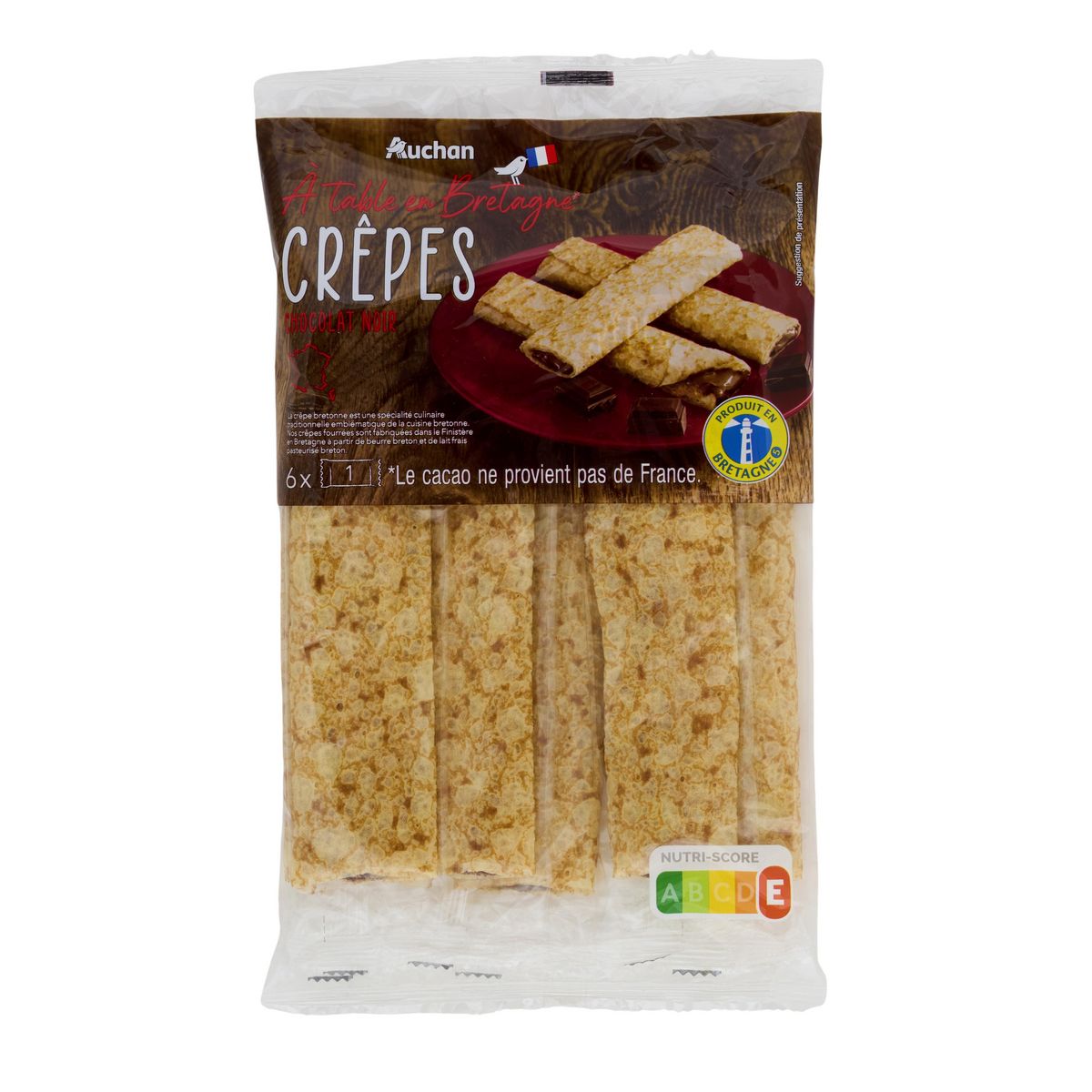 AUCHAN TERROIR Crêpes fourrées chocolat noir 6 crêpes 180g