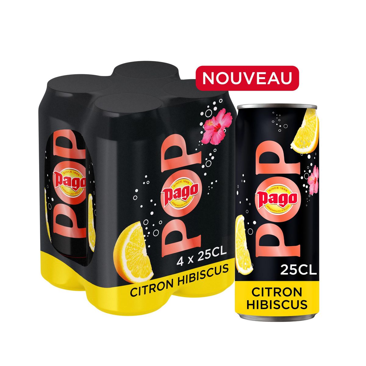 PAGO Pop Eau pétillante au citron et touche d'hibiscus boîte 4x25cl