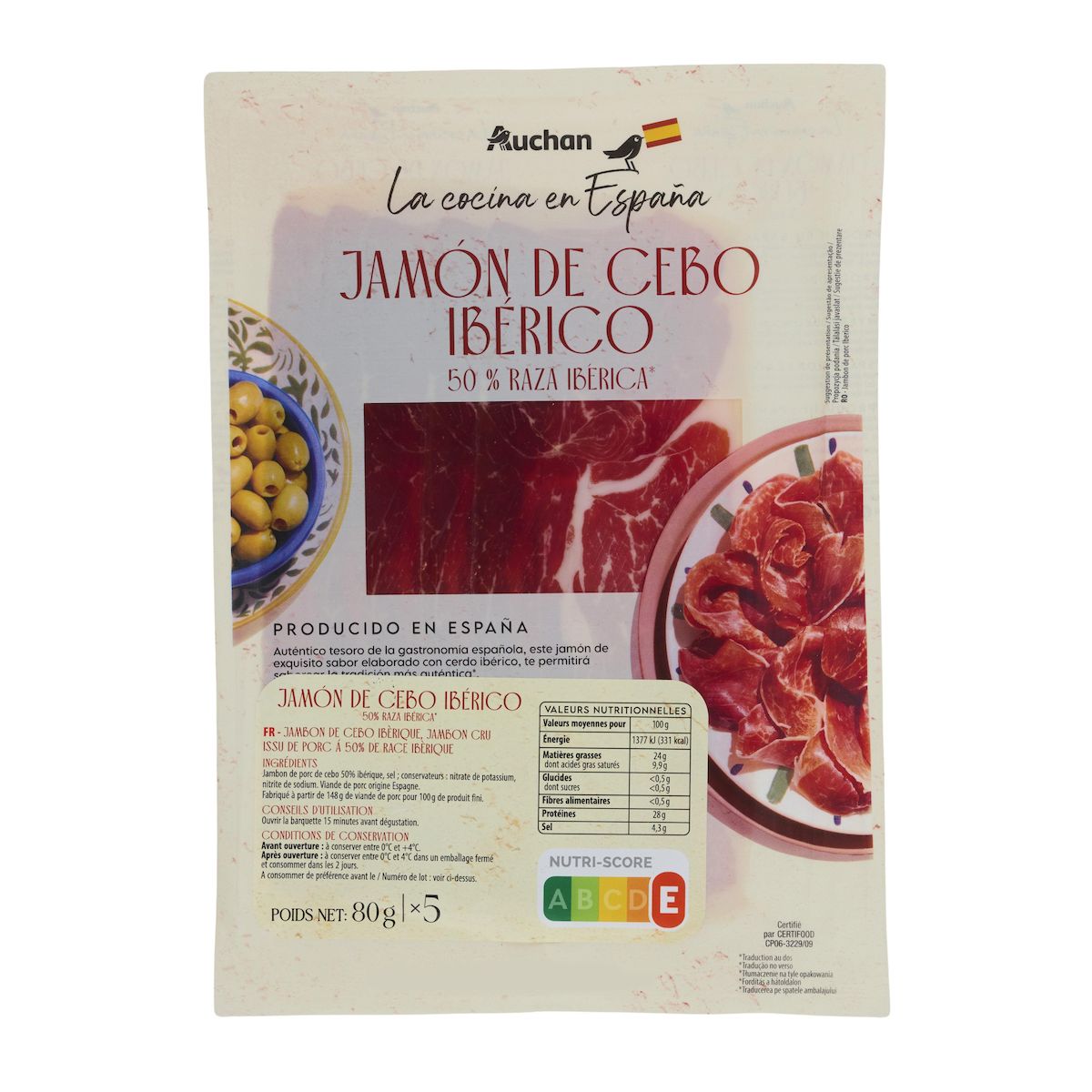 AUCHAN LA COCINA EN ESPANA Jambon de porc de cebo ibérique 80g