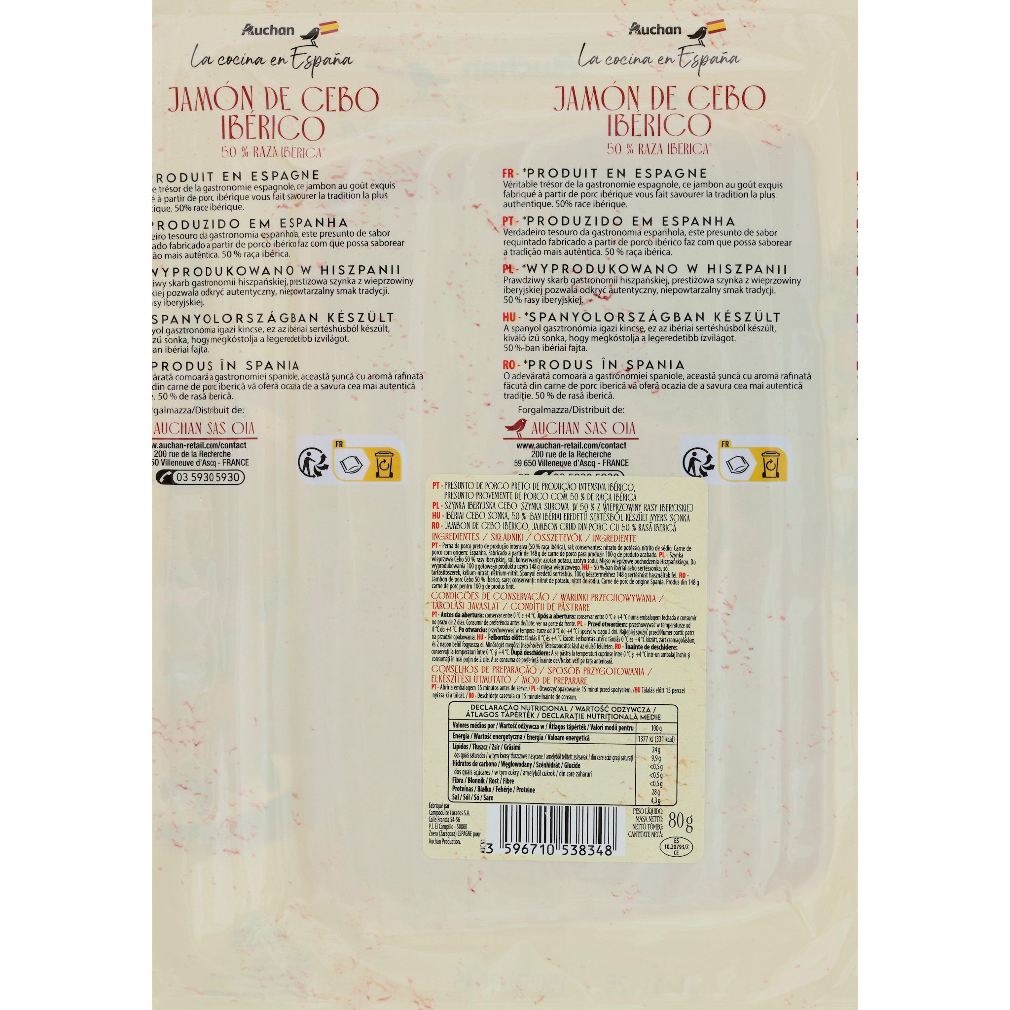 Voir la diapositive 2 : AUCHAN LA COCINA EN ESPANA Jambon de porc de cebo ibérique 80g