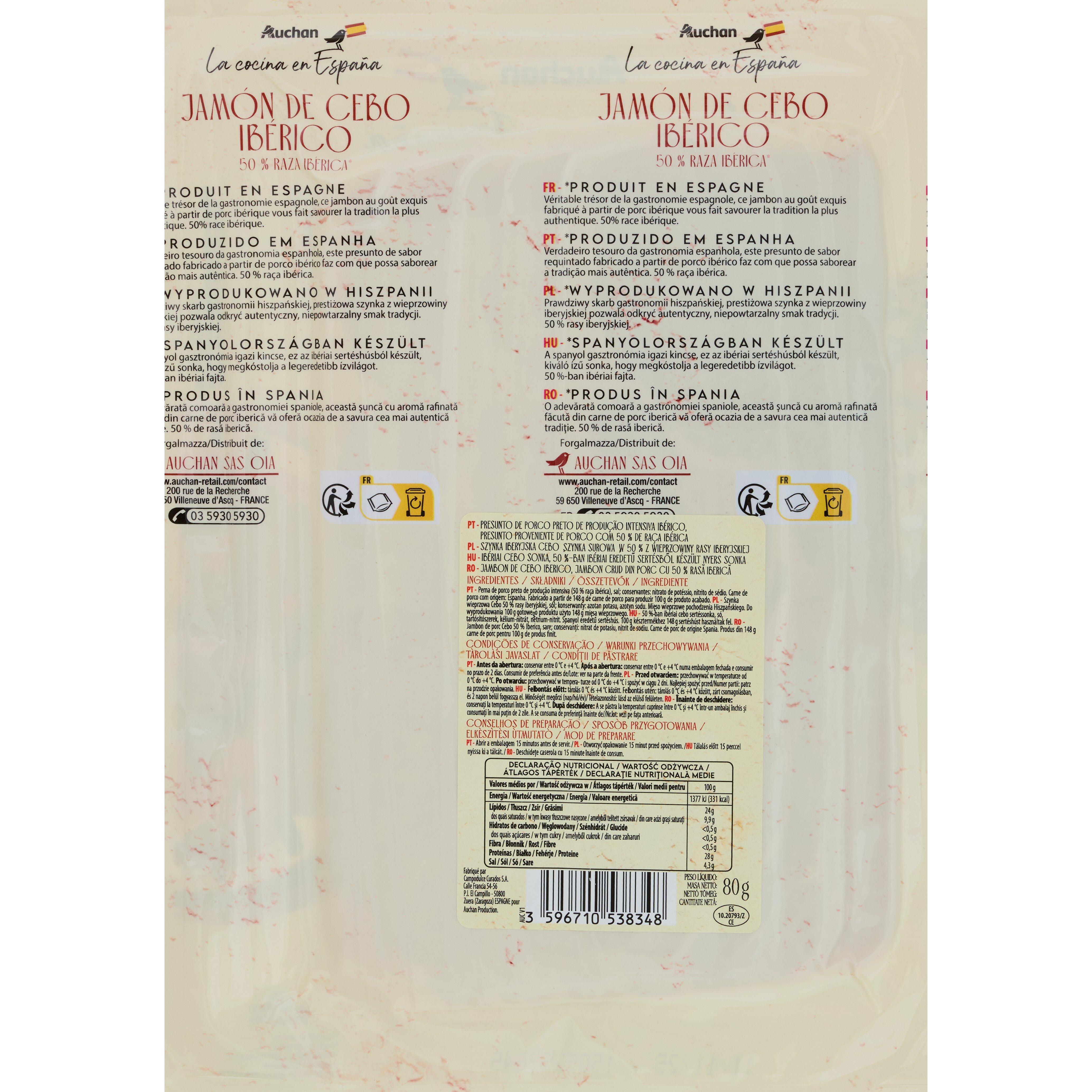 Voir la diapositive 3 : AUCHAN LA COCINA EN ESPANA Jambon de porc de cebo ibérique 80g
