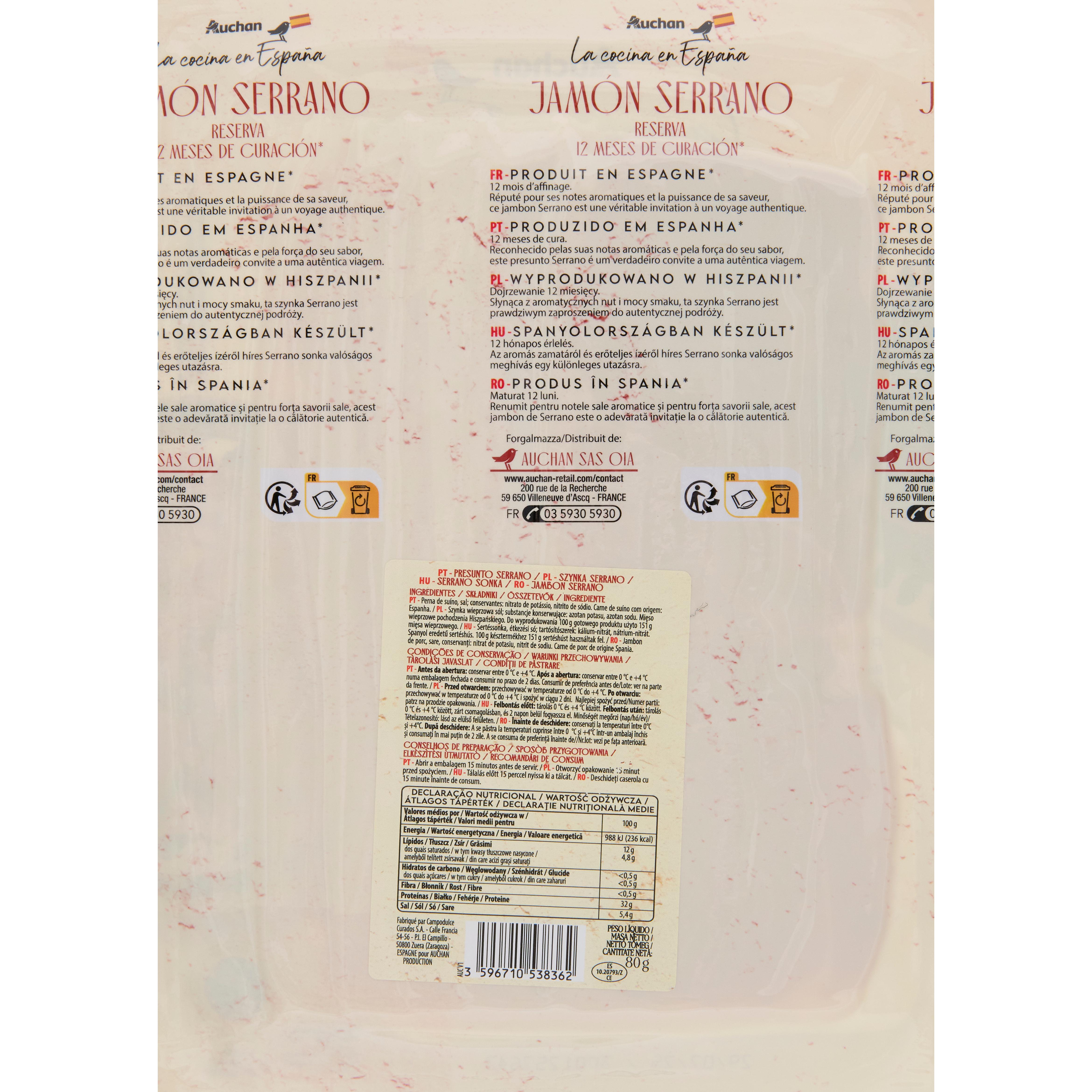 Voir la diapositive 2 : AUCHAN LA COCINA EN ESPANA Jambon Serrano 12 mois 5 tranches 80g