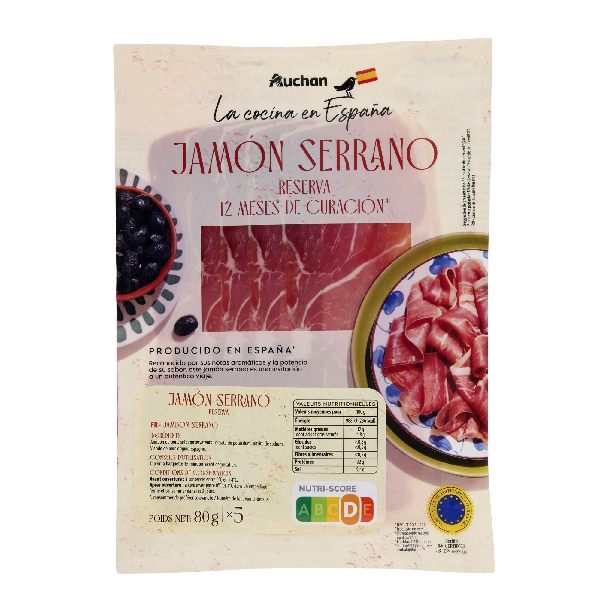 Voir la diapositive 2 : AUCHAN LA COCINA EN ESPANA Jambon Serrano 12 mois 5 tranches 80g