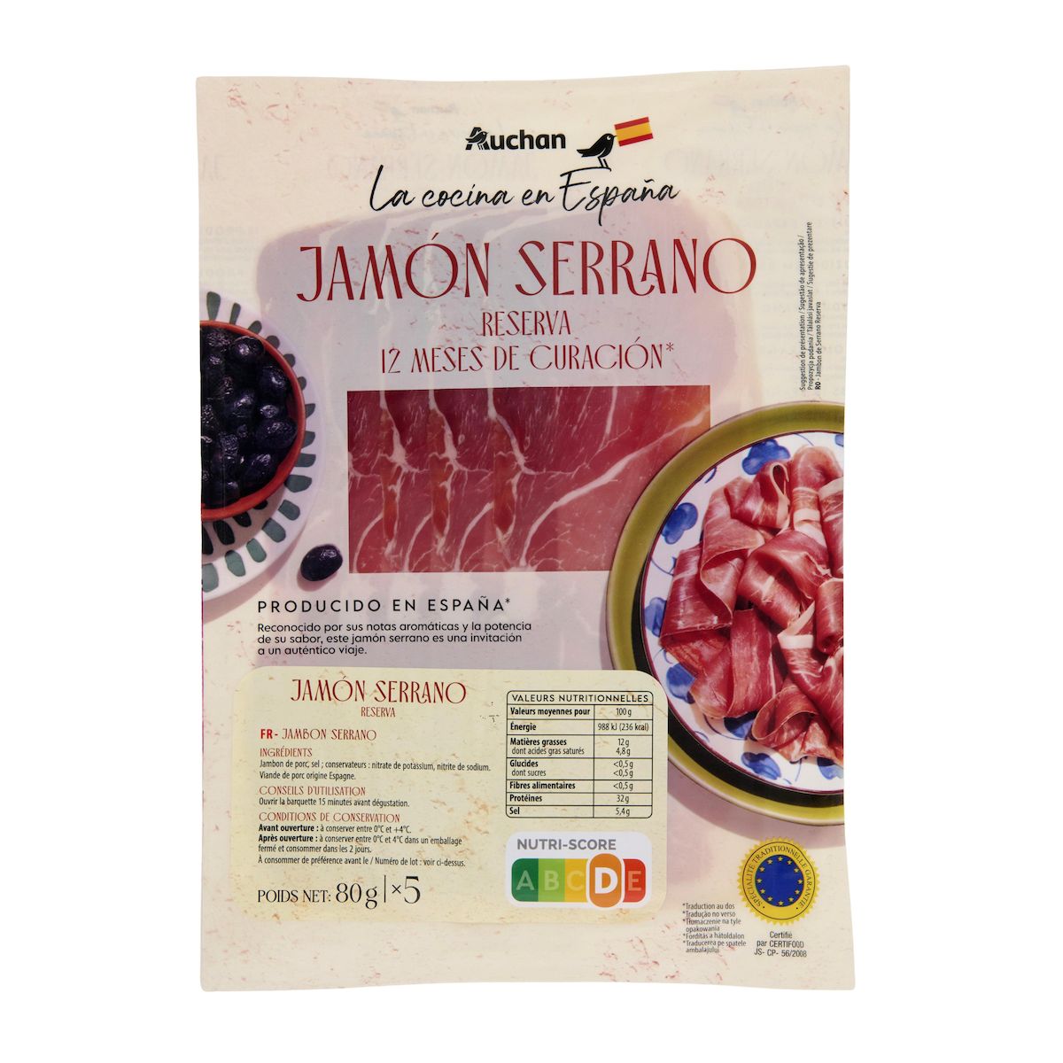 AUCHAN LA COCINA EN ESPANA Jambon Serrano 12 mois 5 tranches 80g