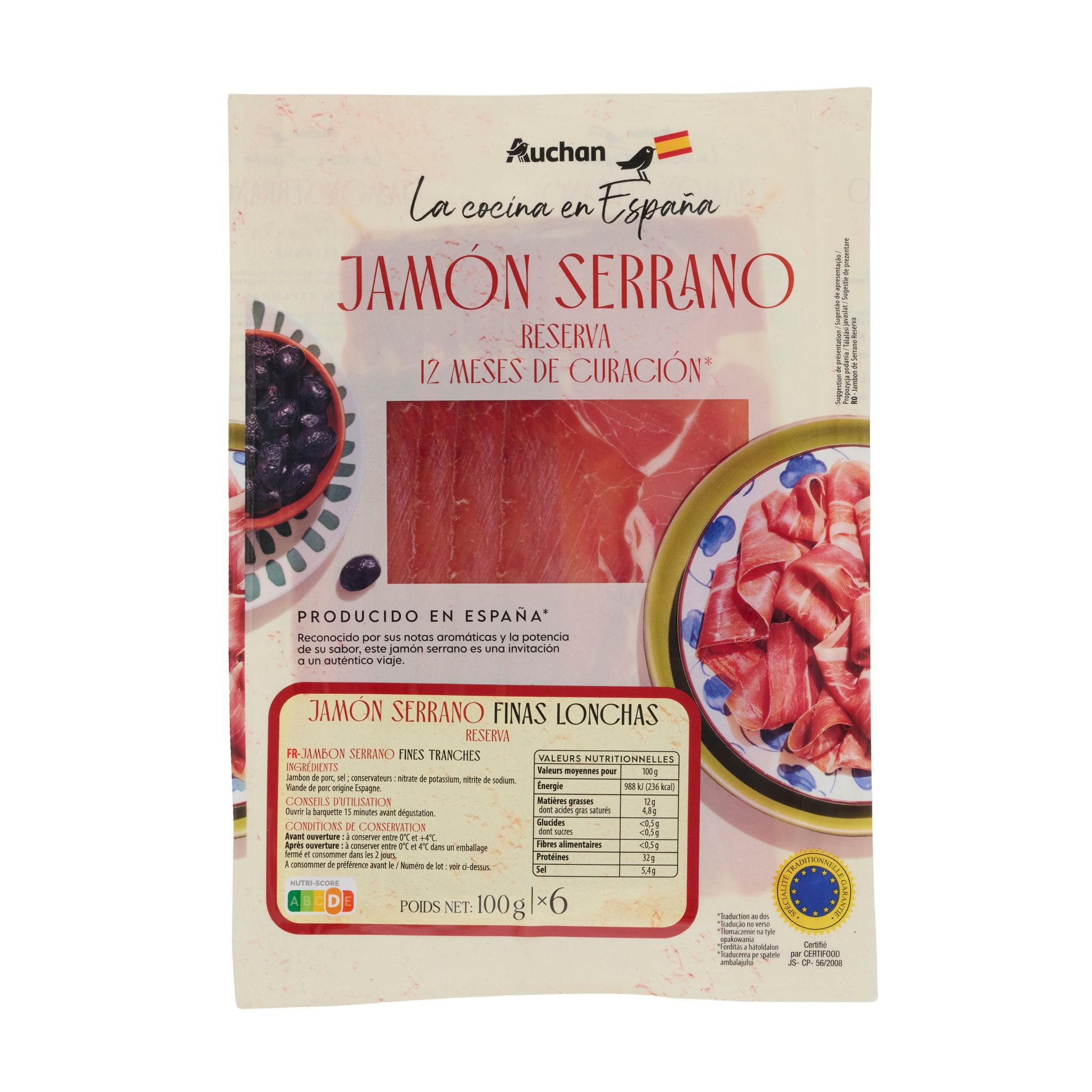 Voir la diapositive 3 : AUCHAN LA COCINA EN ESPANA Jambon Serrano fines tranches 6 tranches 100g