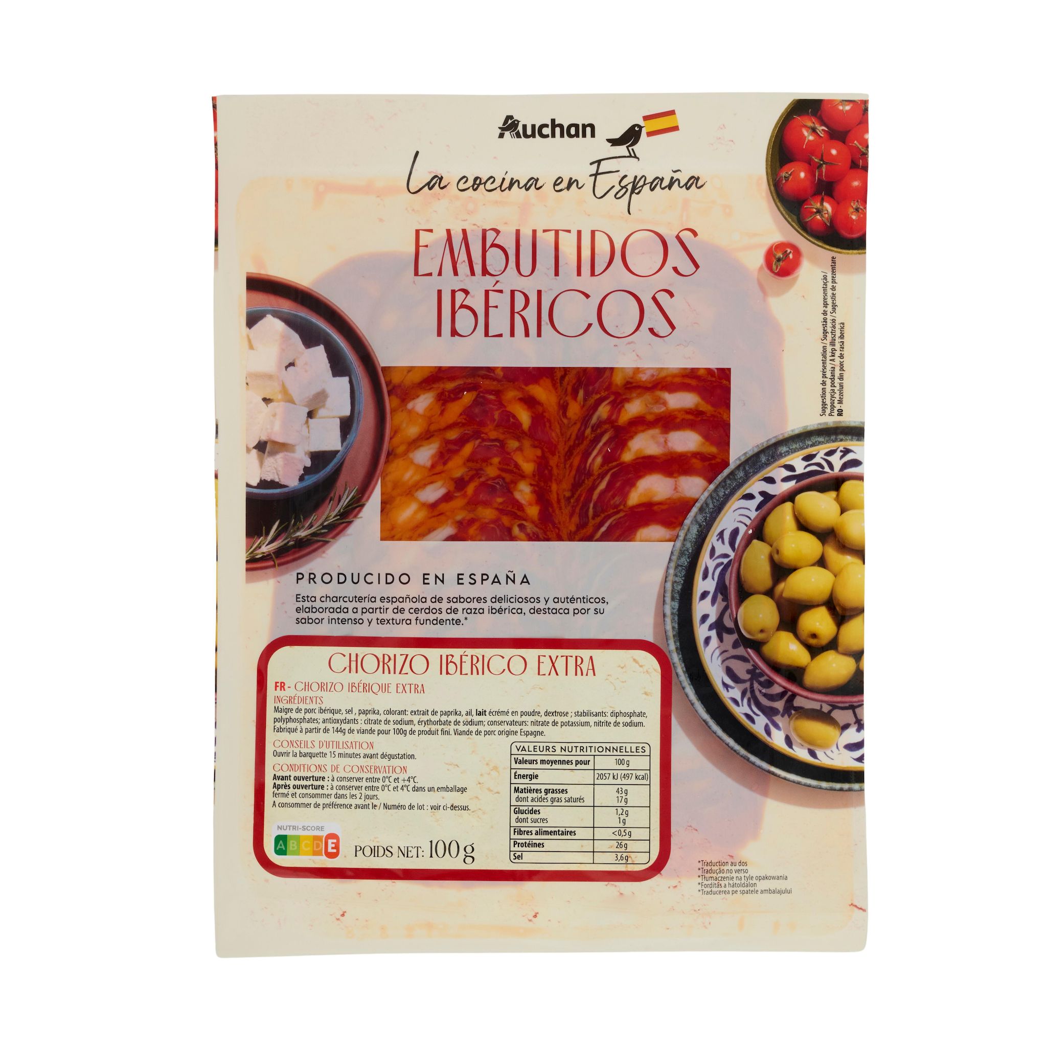 Voir la diapositive 2 : AUCHAN LA COCINA EN ESPANA Chorizo iberico 100g