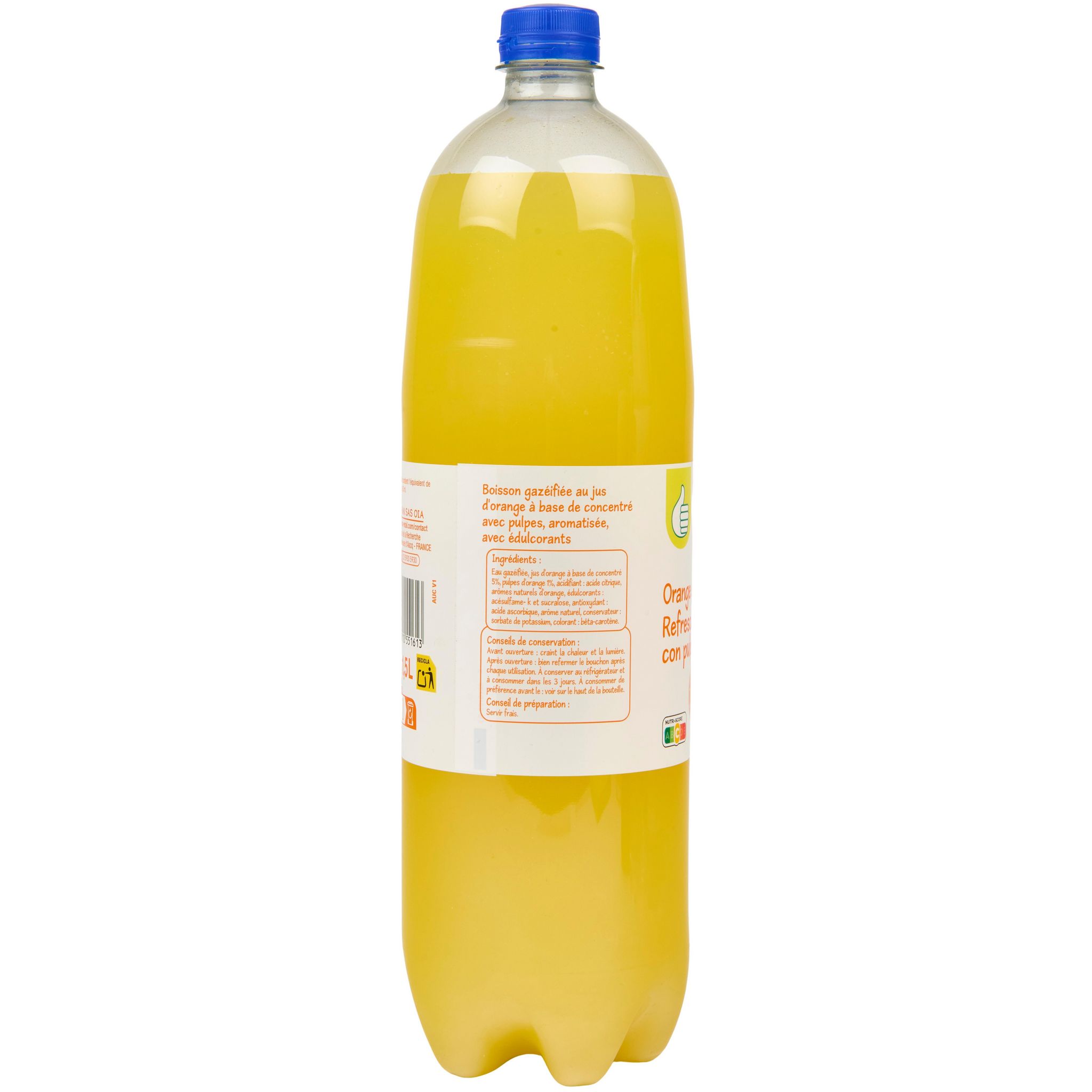 Voir la diapositive 4 : POUCE Boisson gazeuse à l'orange avec pulpe 1.5l