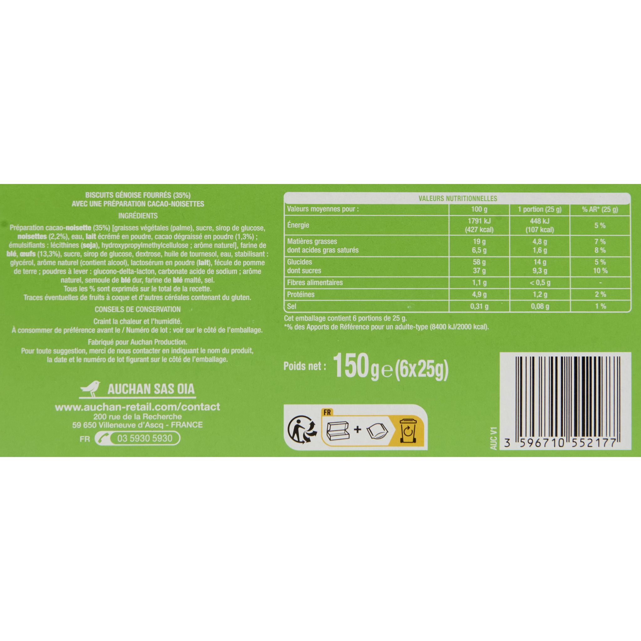 Voir la diapositive 3 : AUCHAN Mini roulés cacao noisette 6 roulés 150g