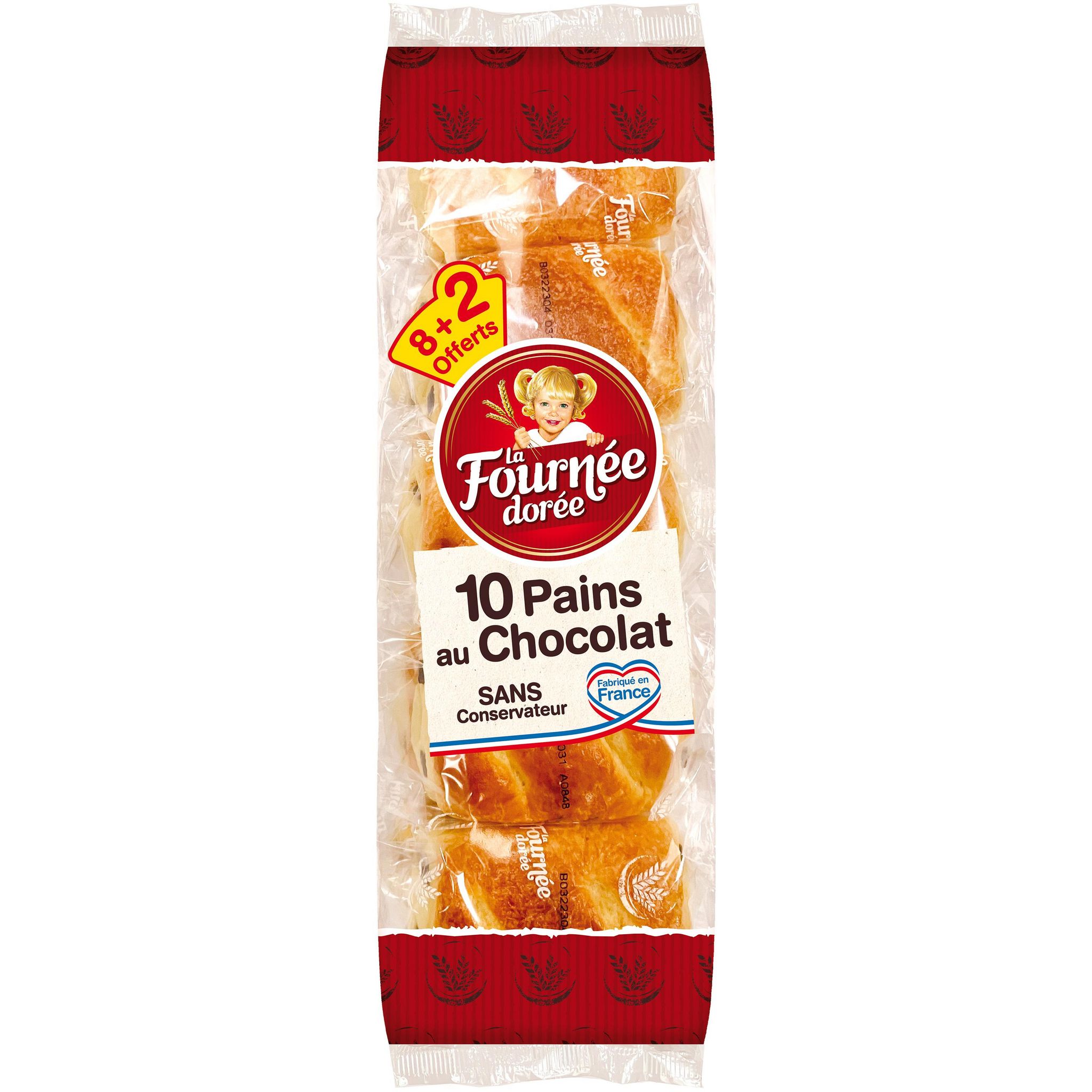 LA FOURNEE DOREE Pains au chocolat sans conservateur 8 pains + 2 offerts 450g