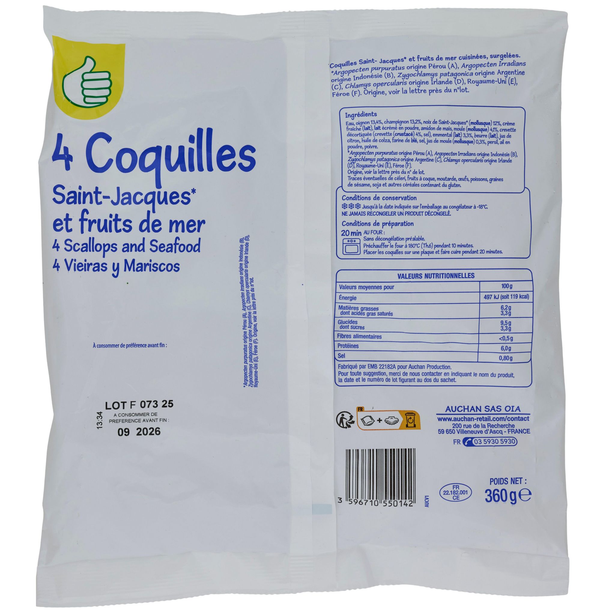Voir la diapositive 2 : POUCE Coquilles Saint Jacques et fruits de mer 4 pièces 360g