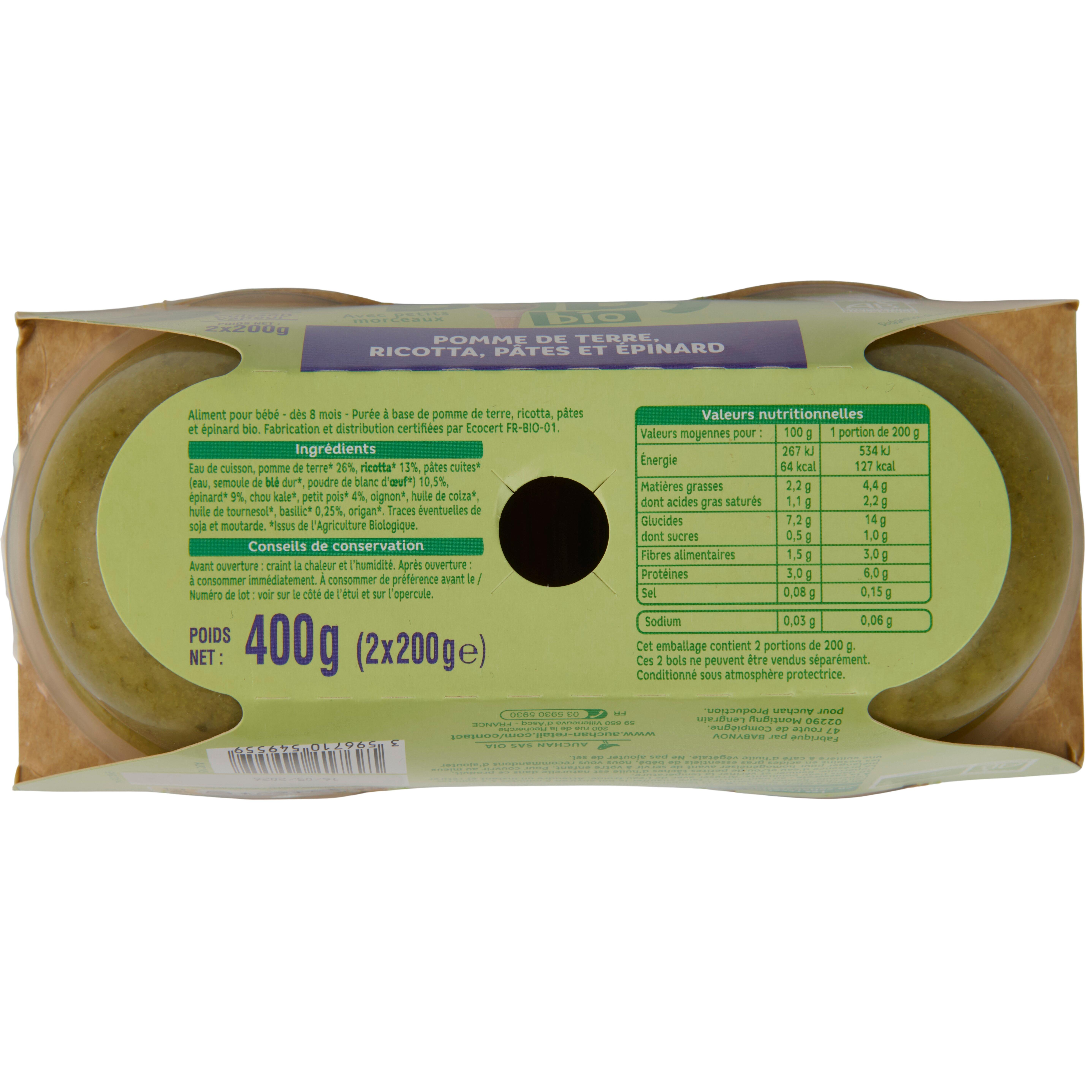 Voir la diapositive 2 : AUCHAN BABY BIO Bol pomme de terre ricotta pâtes et épinards dès 8 mois 2x200g