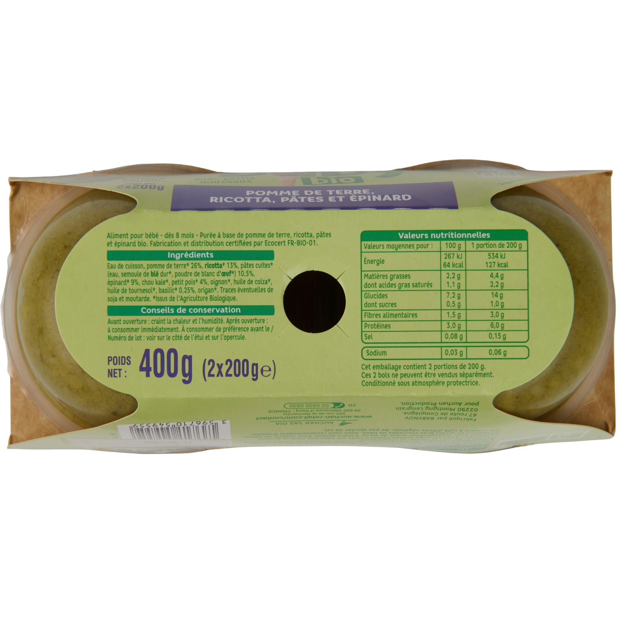 Voir la diapositive 2 : AUCHAN BABY BIO Bol pomme de terre ricotta pâtes et épinards dès 8 mois 2x200g