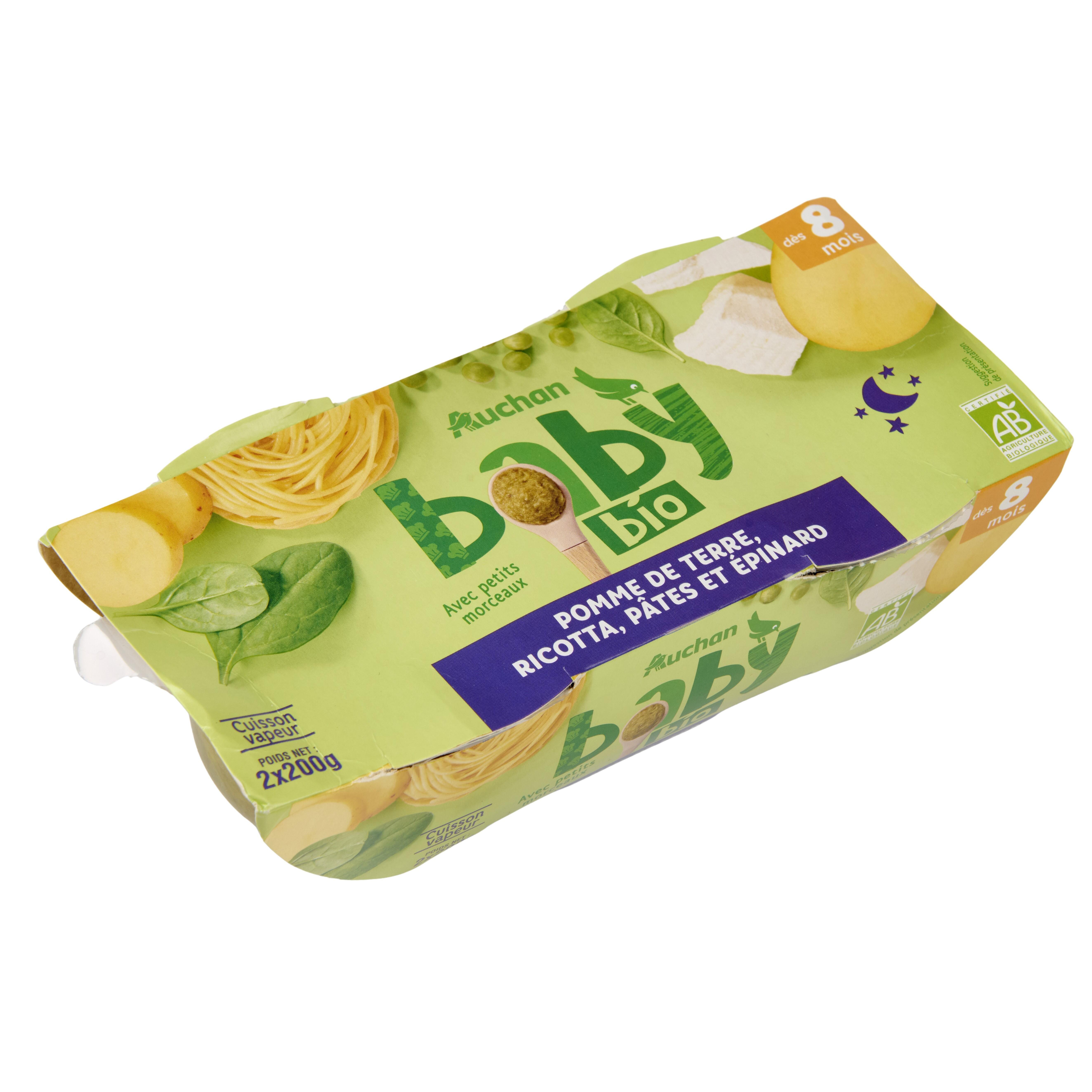 Voir la diapositive 3 : AUCHAN BABY BIO Bol pomme de terre ricotta pâtes et épinards dès 8 mois 2x200g