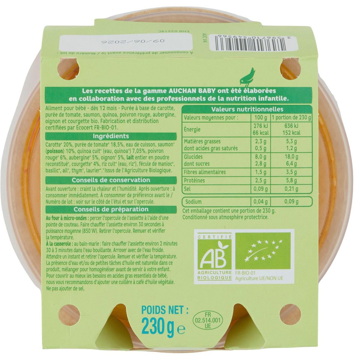 AUCHAN BABY BIO Assiette ratatouille saumon quinoa dès 12 mois 230g