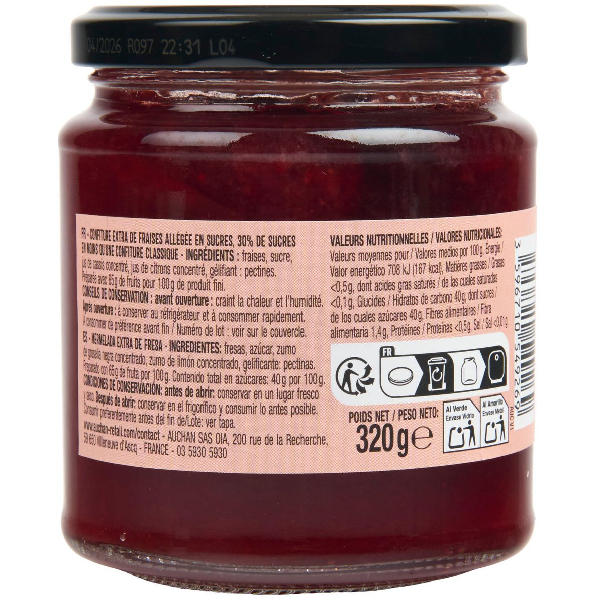 AUCHAN La Gourmande confiture de fraise 65% de fruits 320g