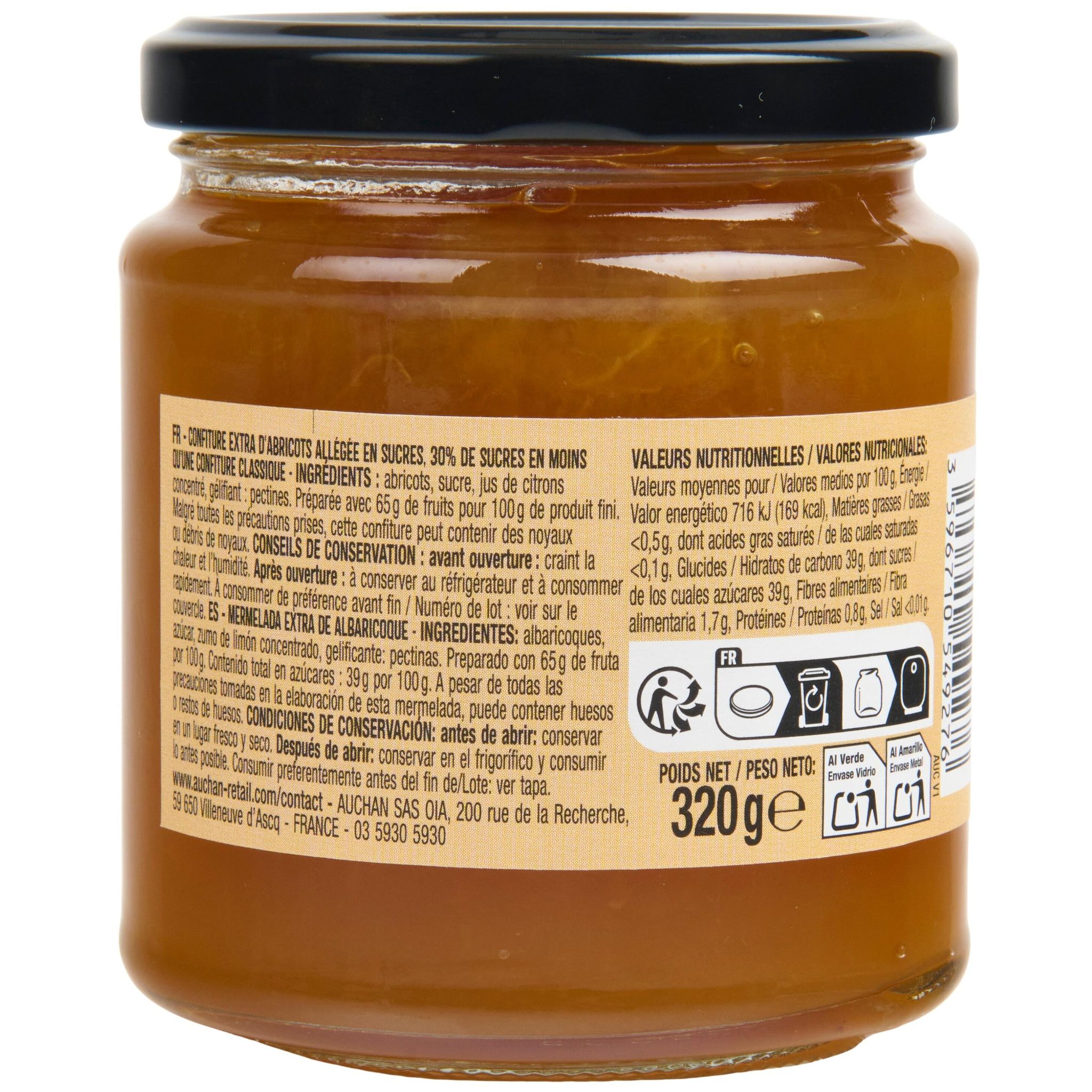 Voir la diapositive 3 : AUCHAN La Gourmande confiture à l'abricot 65% de fruits 320g