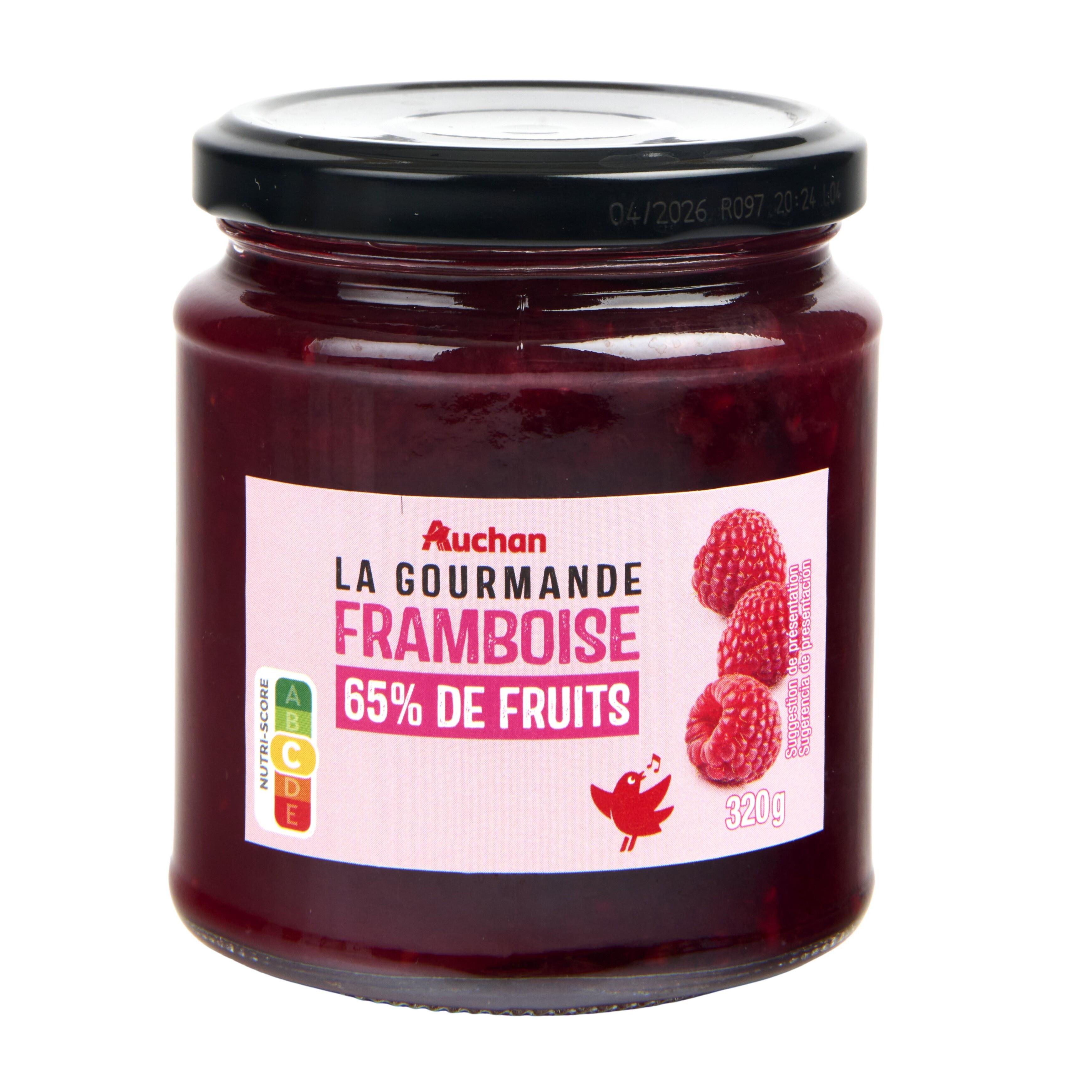 Voir la diapositive 2 : AUCHAN La Gourmande confiture de framboise 65% fruits 320g