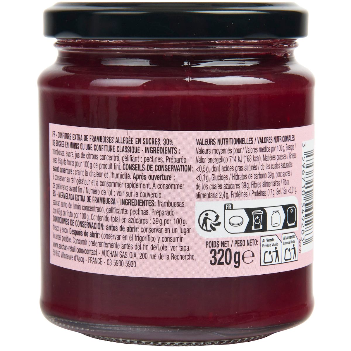 AUCHAN La Gourmande confiture de framboise 65% fruits 320g