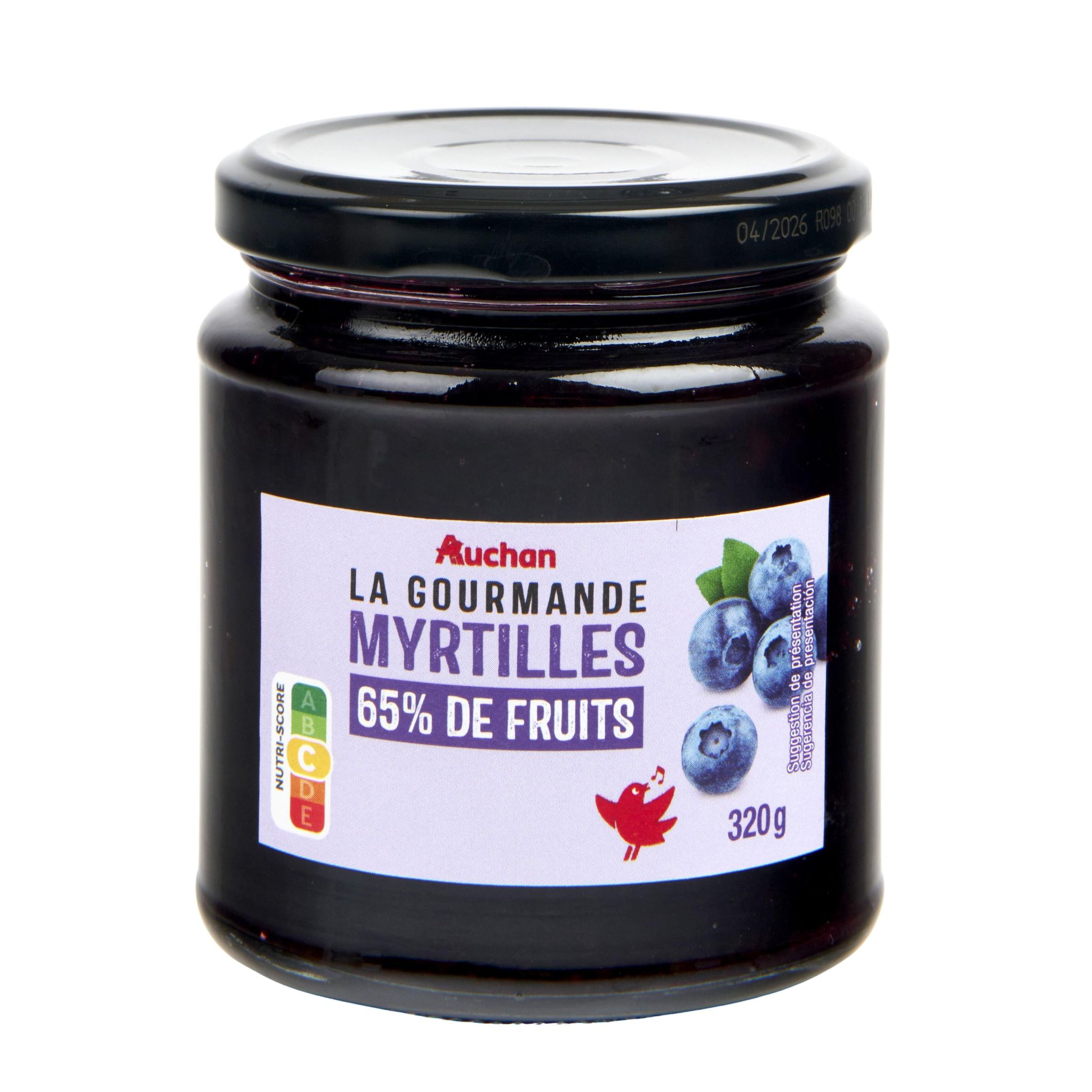 Voir la diapositive 2 : AUCHAN La Gourmande confiture de myrtilles 65% de fruits 320g