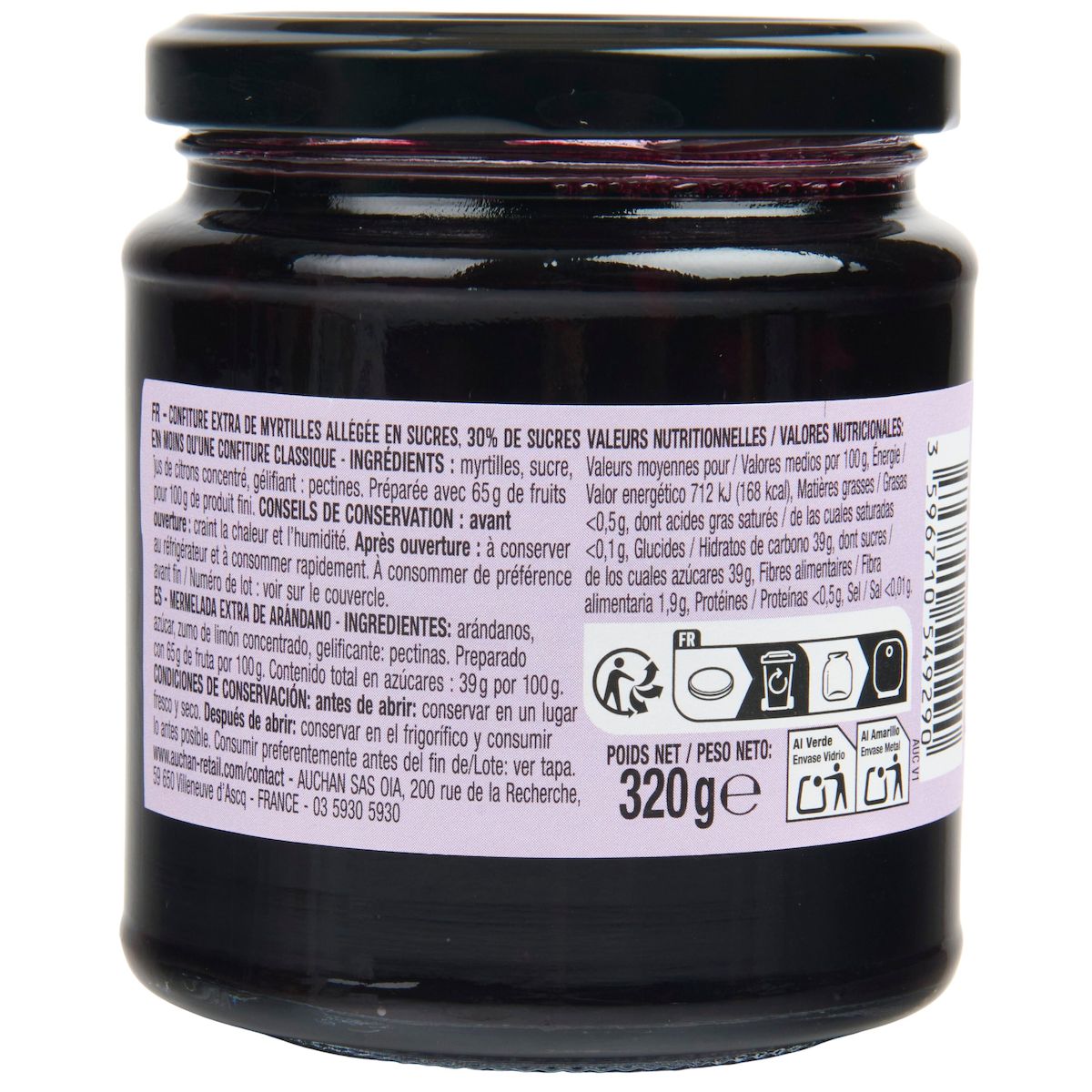 AUCHAN La Gourmande confiture de myrtilles 65% de fruits 320g
