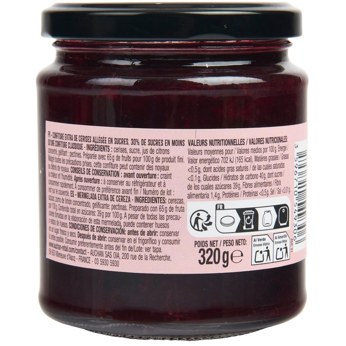AUCHAN La Gourmande confiture de cerise 30% de fruits 320g