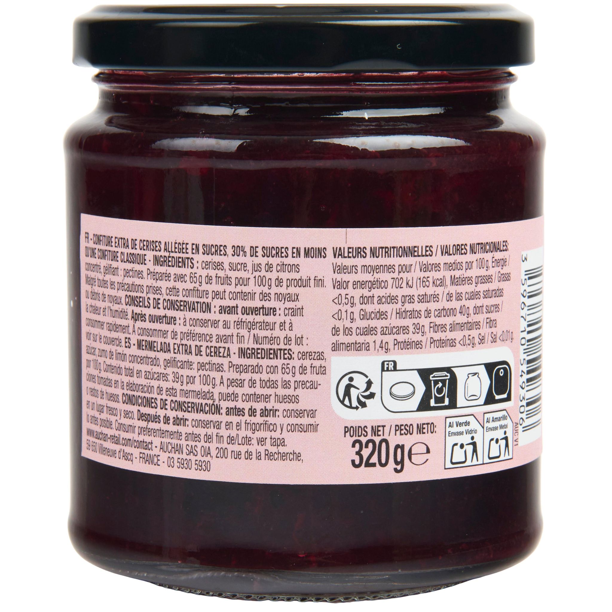 Voir la diapositive 2 : AUCHAN La Gourmande confiture de cerise 30% de fruits 320g