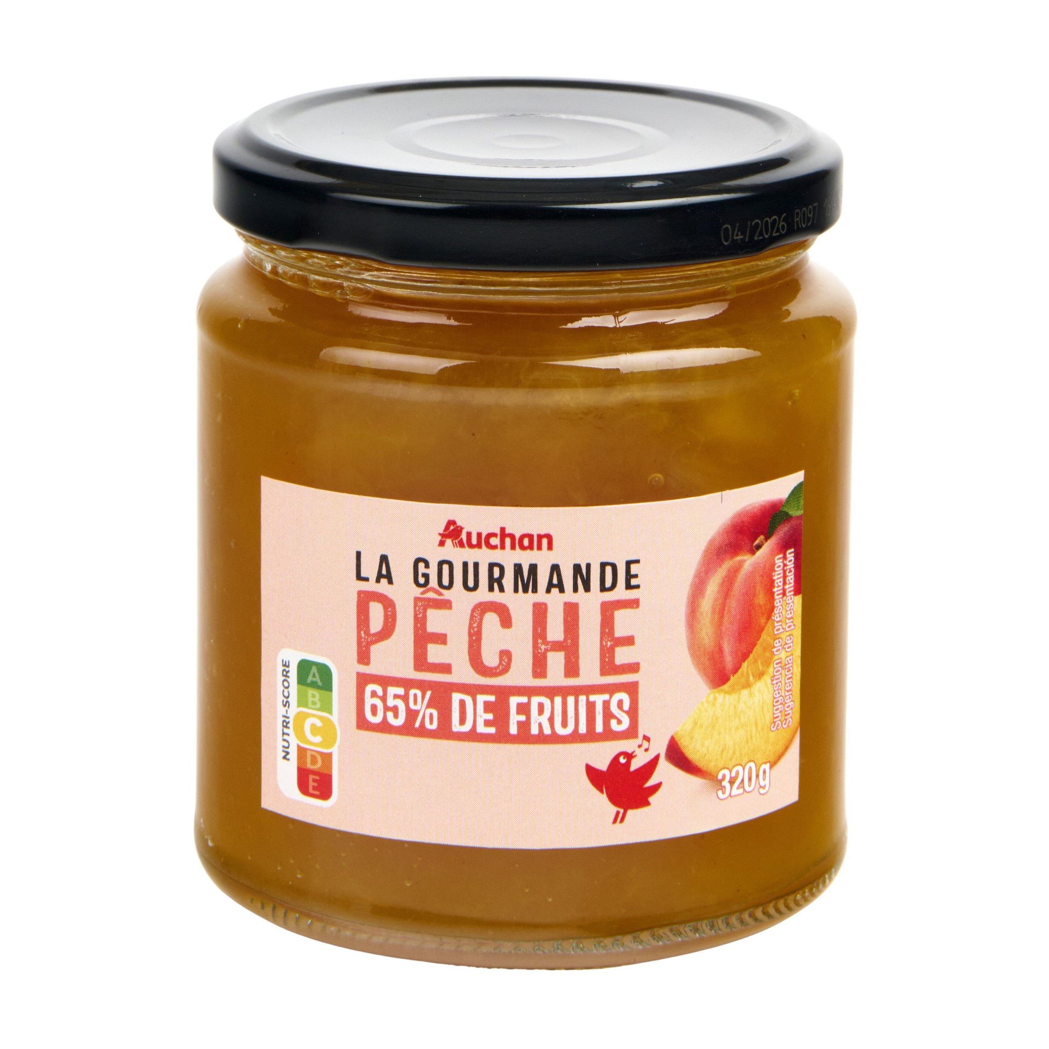 Voir la diapositive 2 : AUCHAN La Gourmande confiture à la pêche 65% de fruits 320g