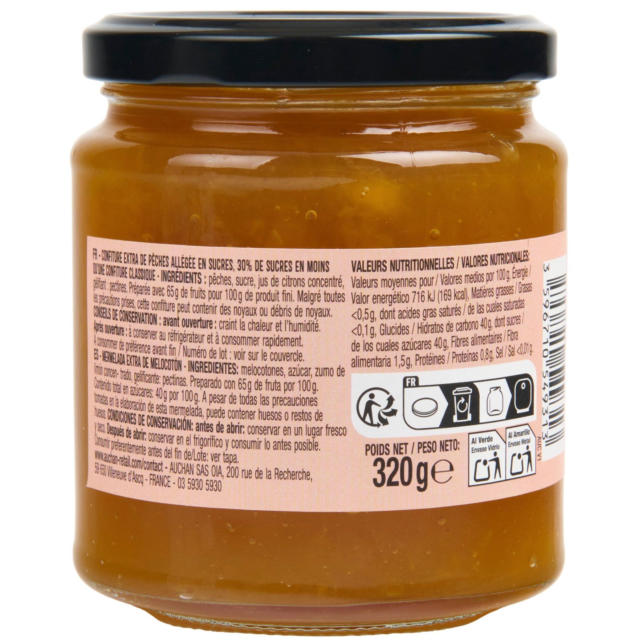Voir la diapositive 3 : AUCHAN La Gourmande confiture à la pêche 65% de fruits 320g