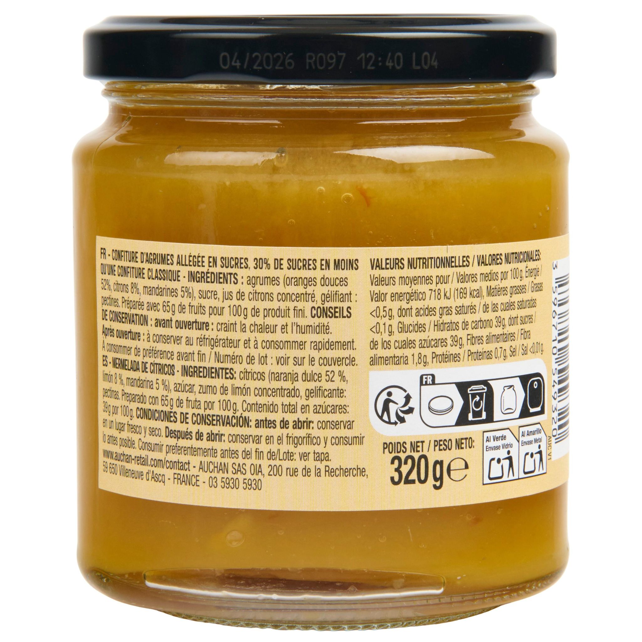 Voir la diapositive 2 : AUCHAN La Gourmande confiture aux 3 agrumes 65% de fruits 320g
