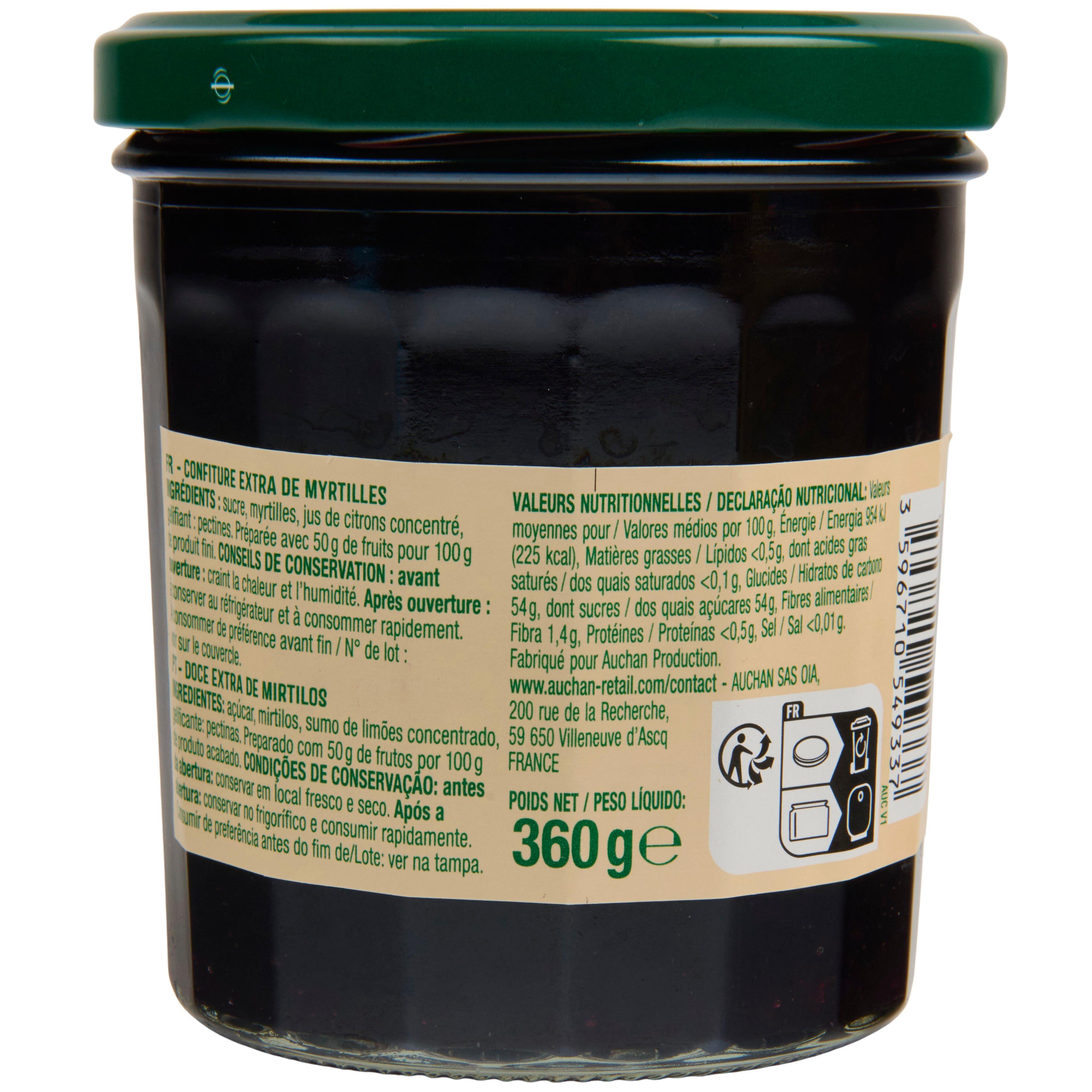 Voir la diapositive 3 : AUCHAN Confiture extra de myrtilles 50% de fruits 360g