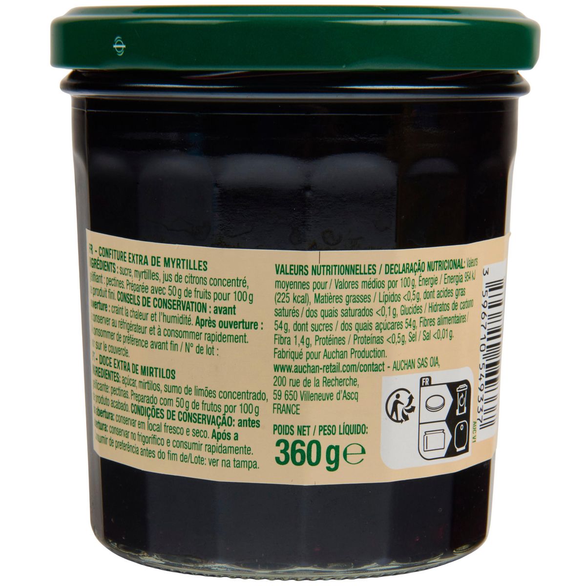 AUCHAN Confiture extra de myrtilles 50% de fruits 360g