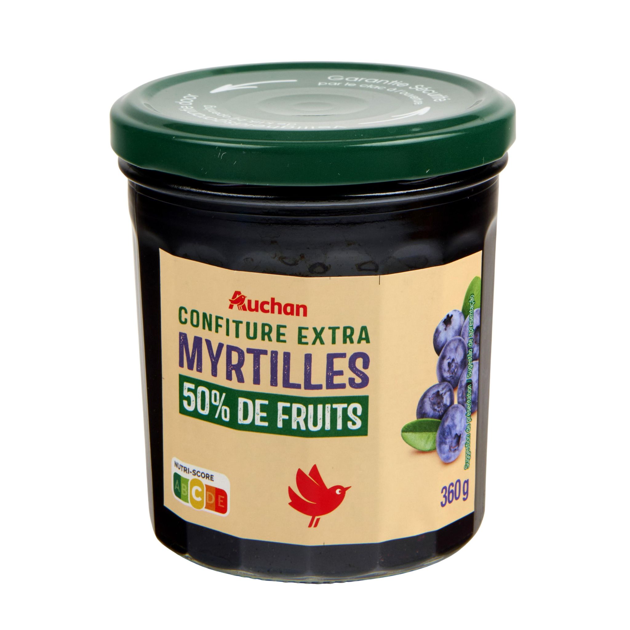 Voir la diapositive 3 : AUCHAN Confiture extra de myrtilles 50% de fruits 360g