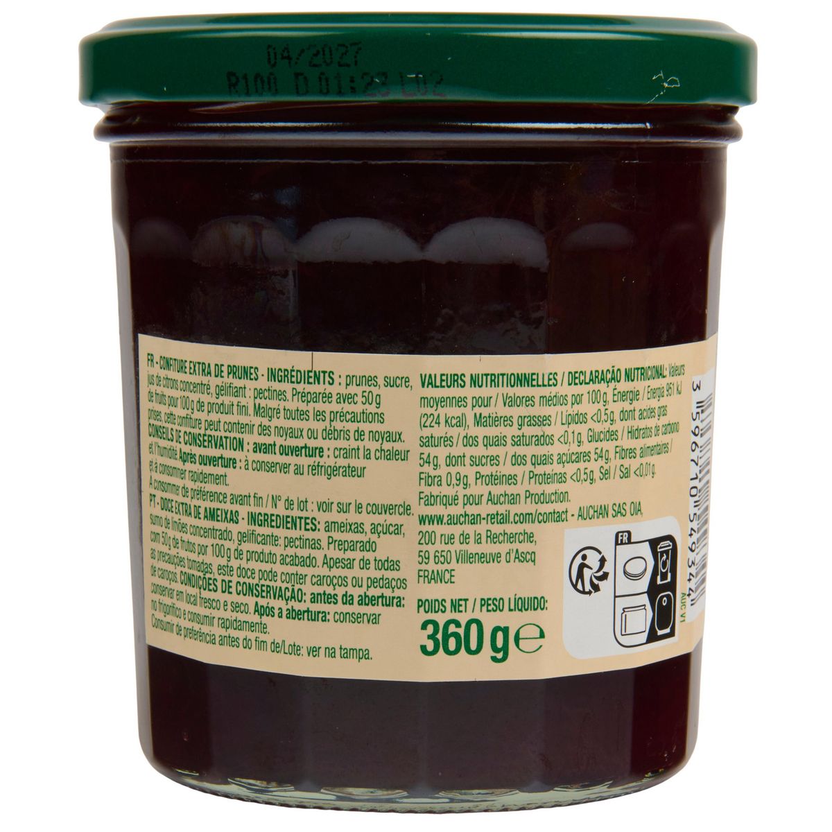 AUCHAN Confiture extra de prune 50% de fruits 360g