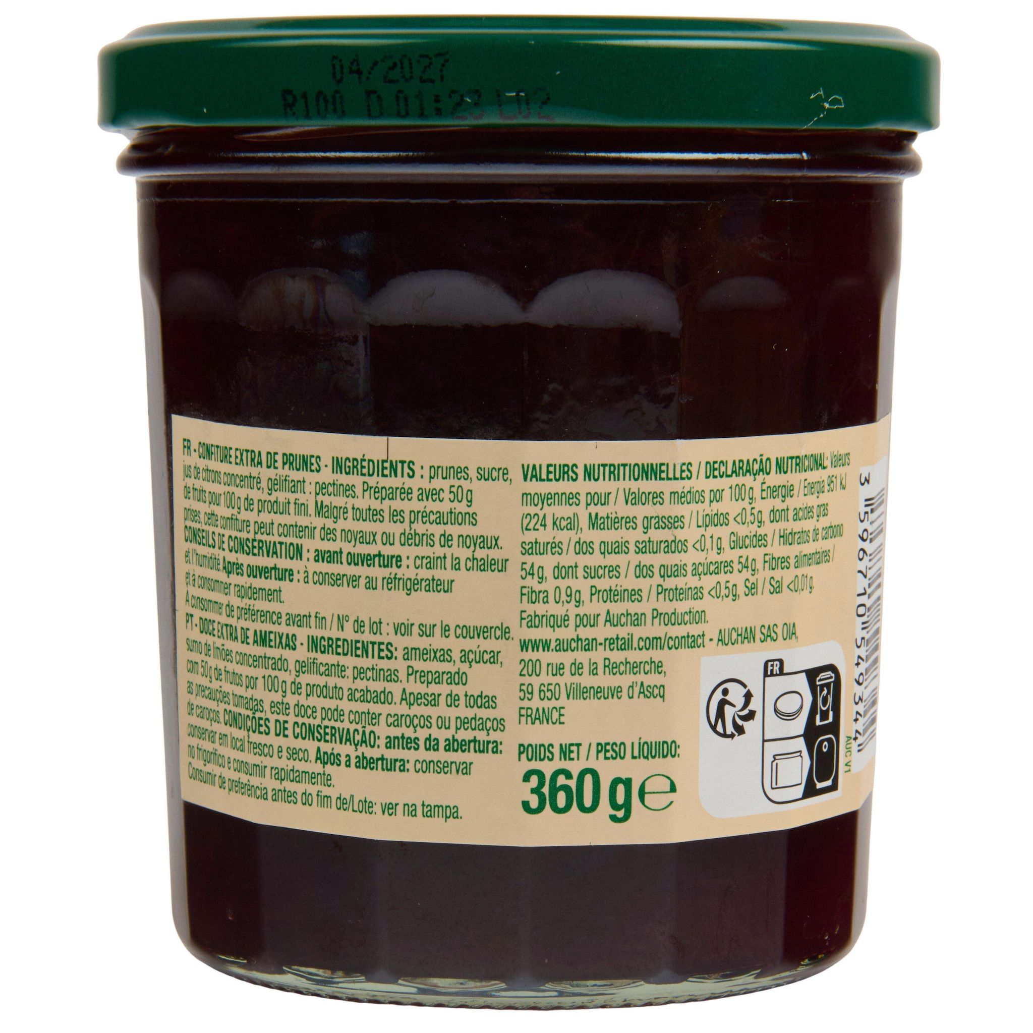 Voir la diapositive 3 : AUCHAN Confiture extra de prune 50% de fruits 360g