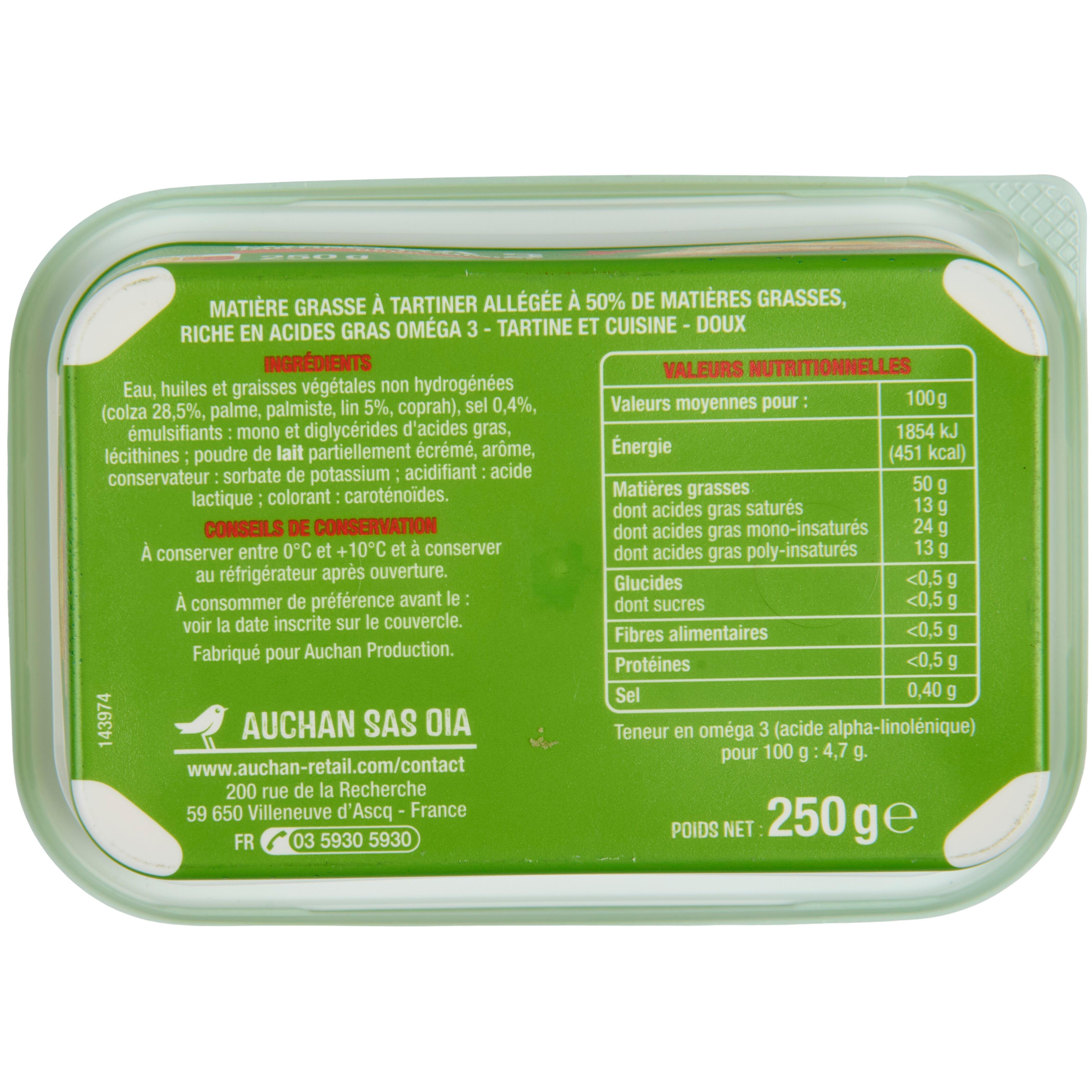 Voir la diapositive 2 : AUCHAN Margarine doux oméga 3 pour tartine et cuisine 250g