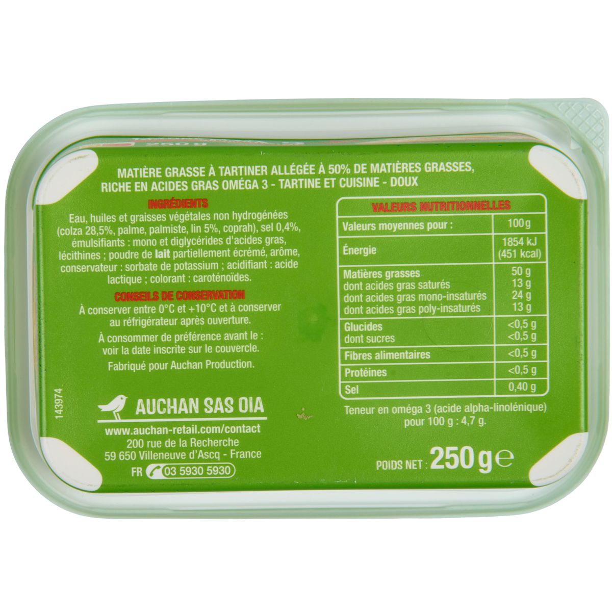 AUCHAN Margarine doux oméga 3 pour tartine et cuisine 250g