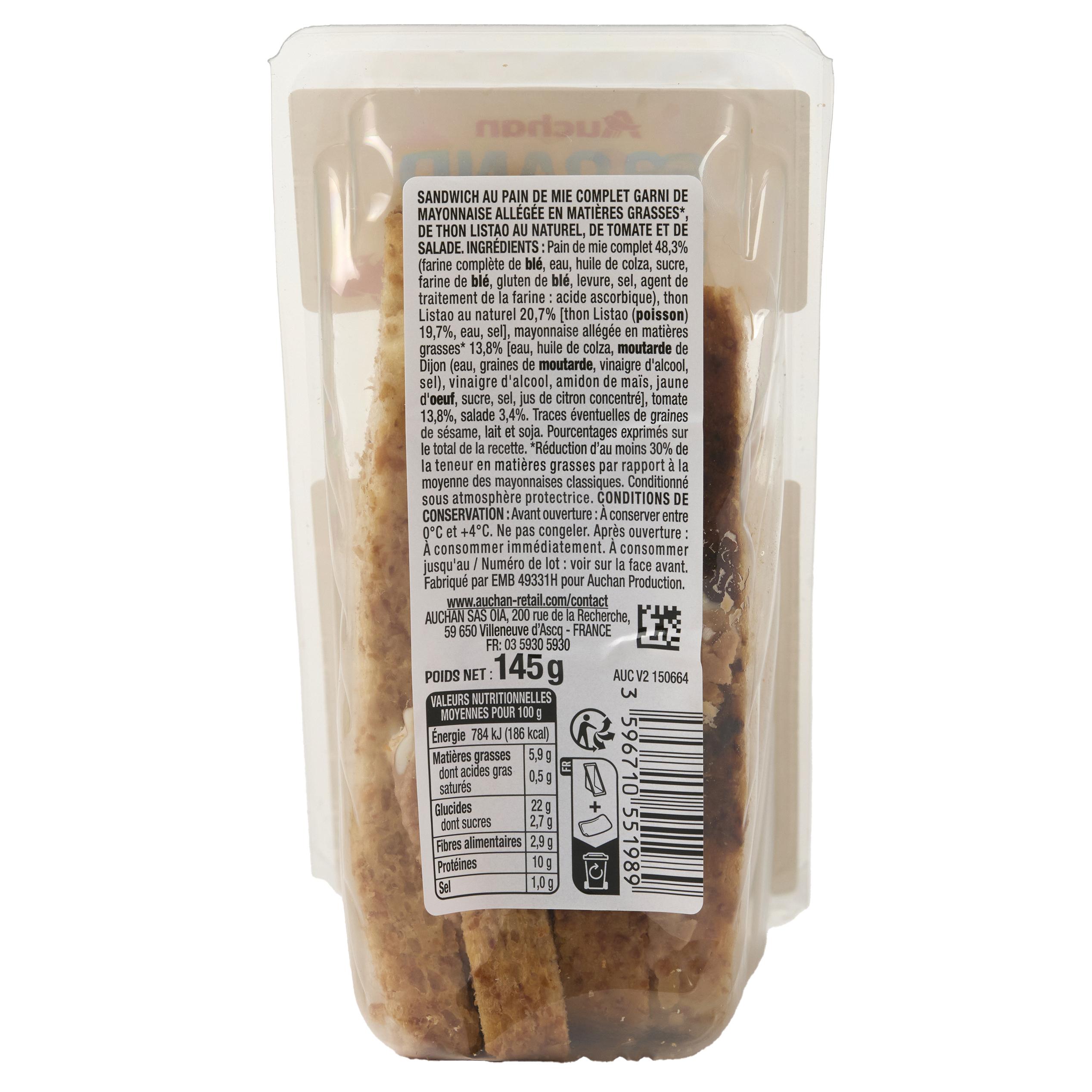 Voir la diapositive 2 : AUCHAN Sandwich club thon à la mayonnaise allégée 2 pièces 145g