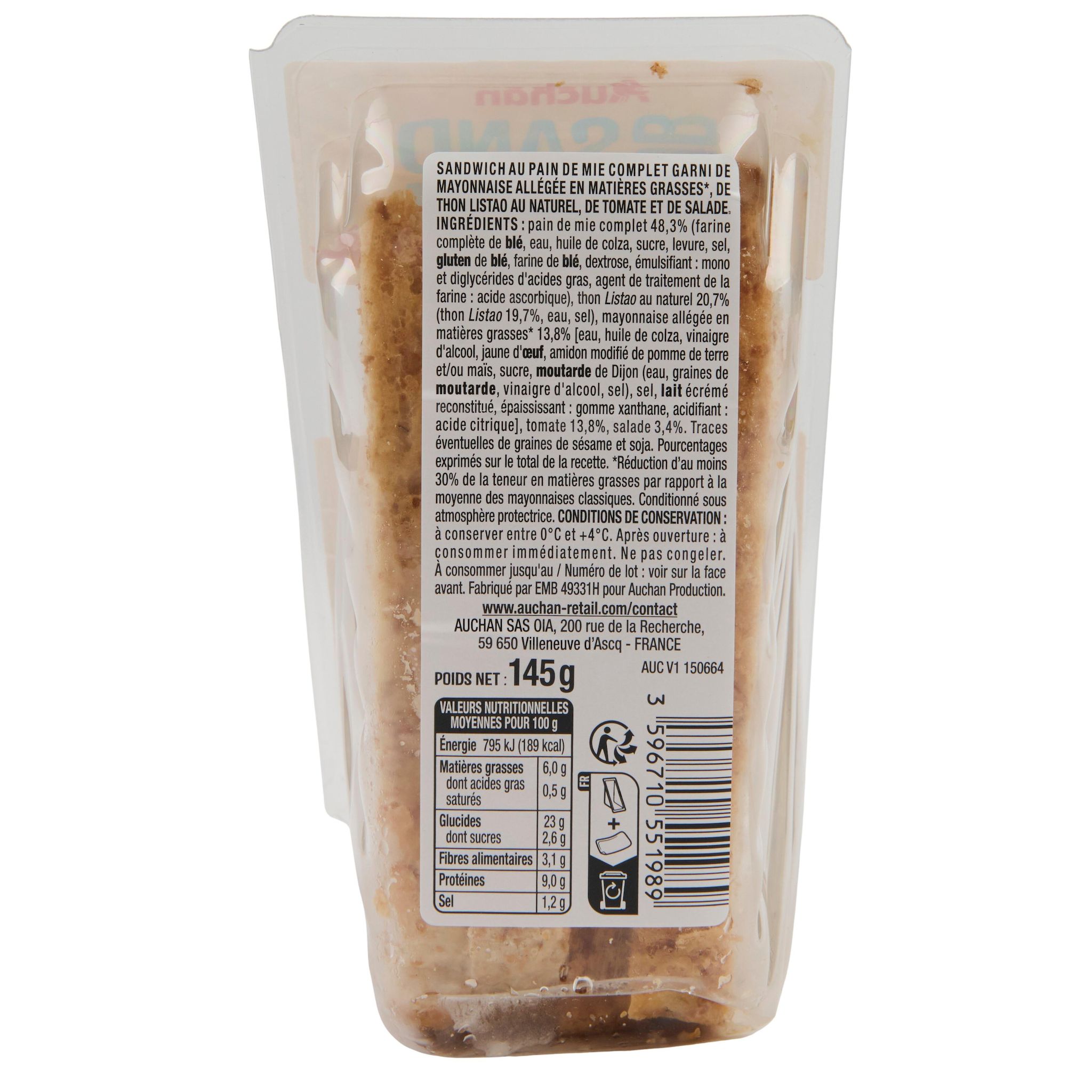 Voir la diapositive 3 : AUCHAN Sandwich club thon à la mayonnaise allégée 2 pièces 145g