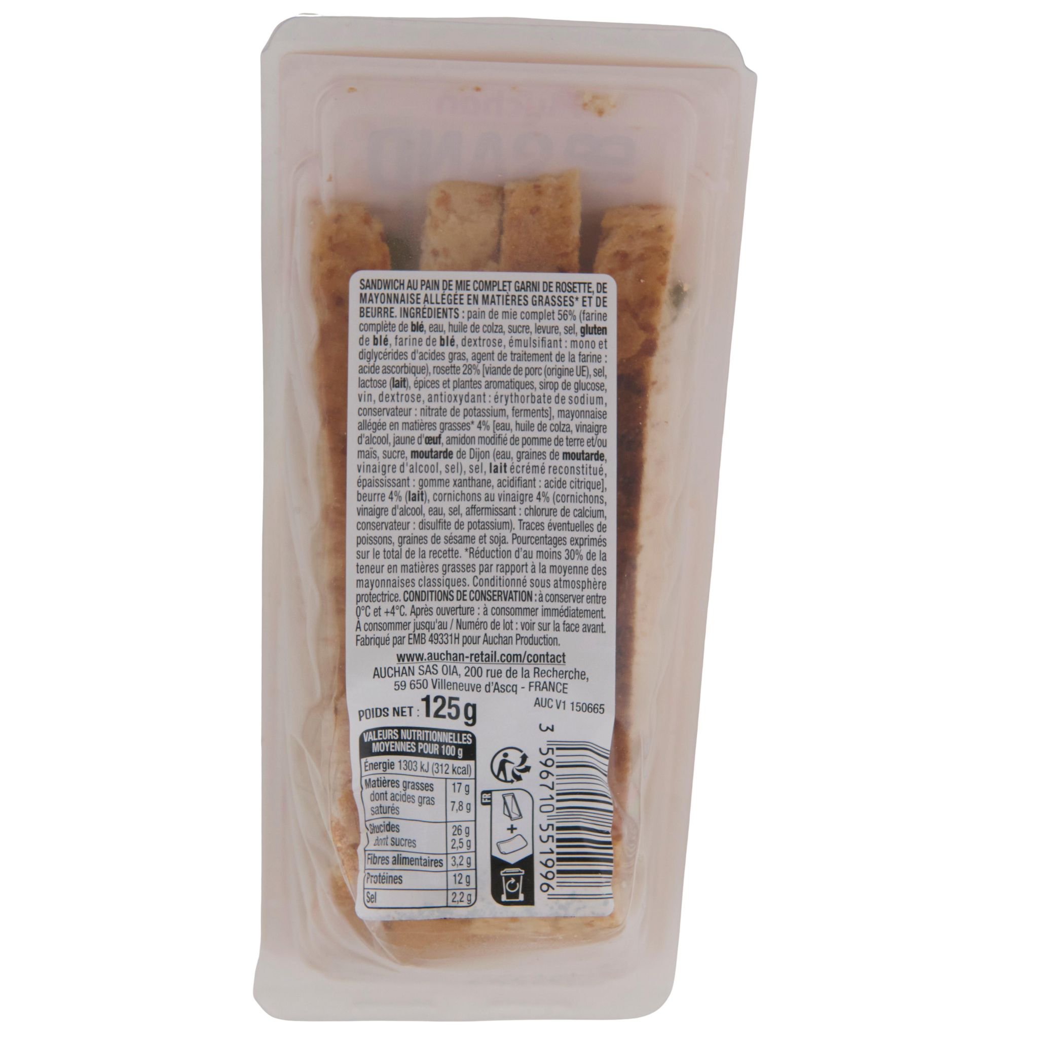 Voir la diapositive 2 : AUCHAN Sandwich rosette au beurre 125g