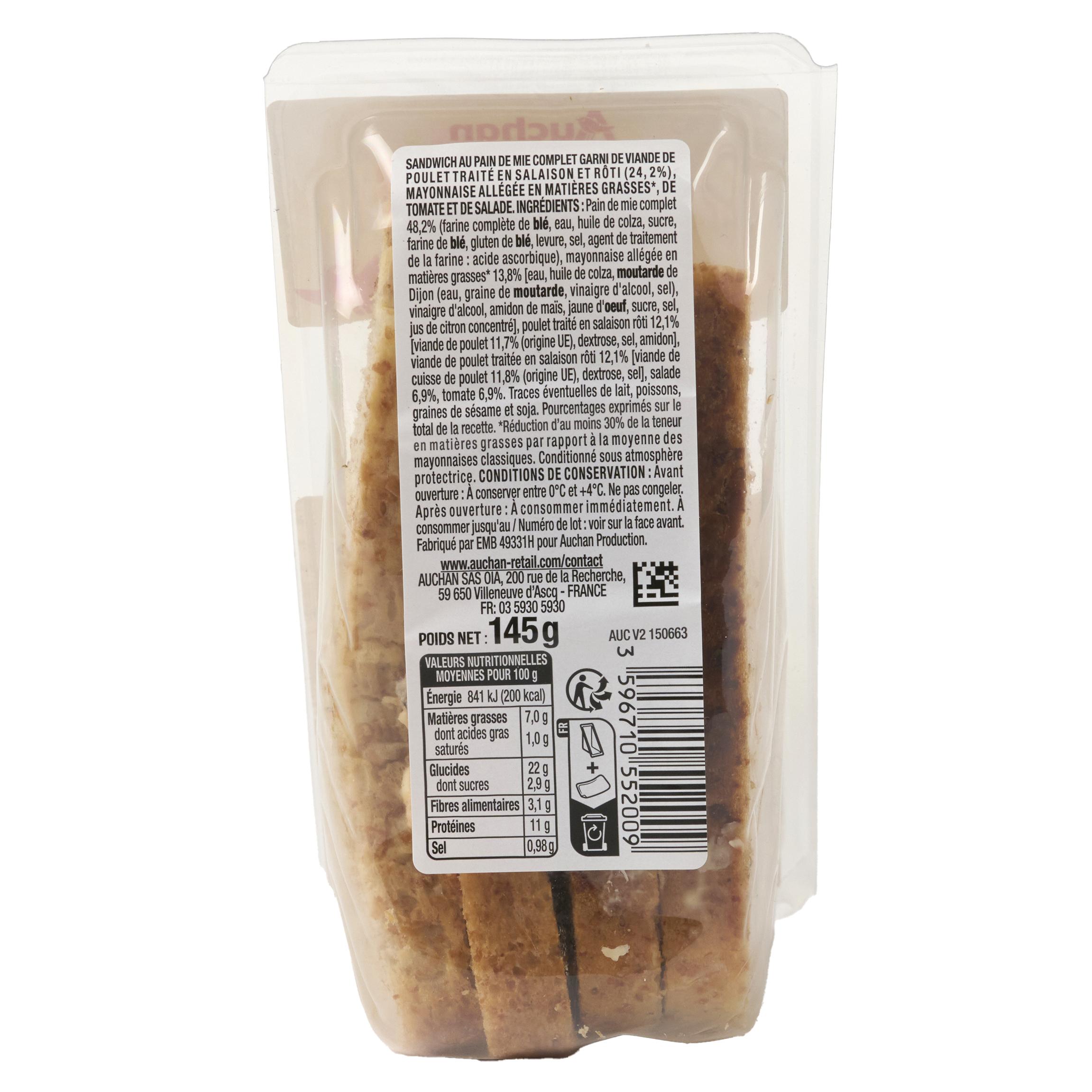 Voir la diapositive 2 : AUCHAN Sandwich poulet crudités 145g