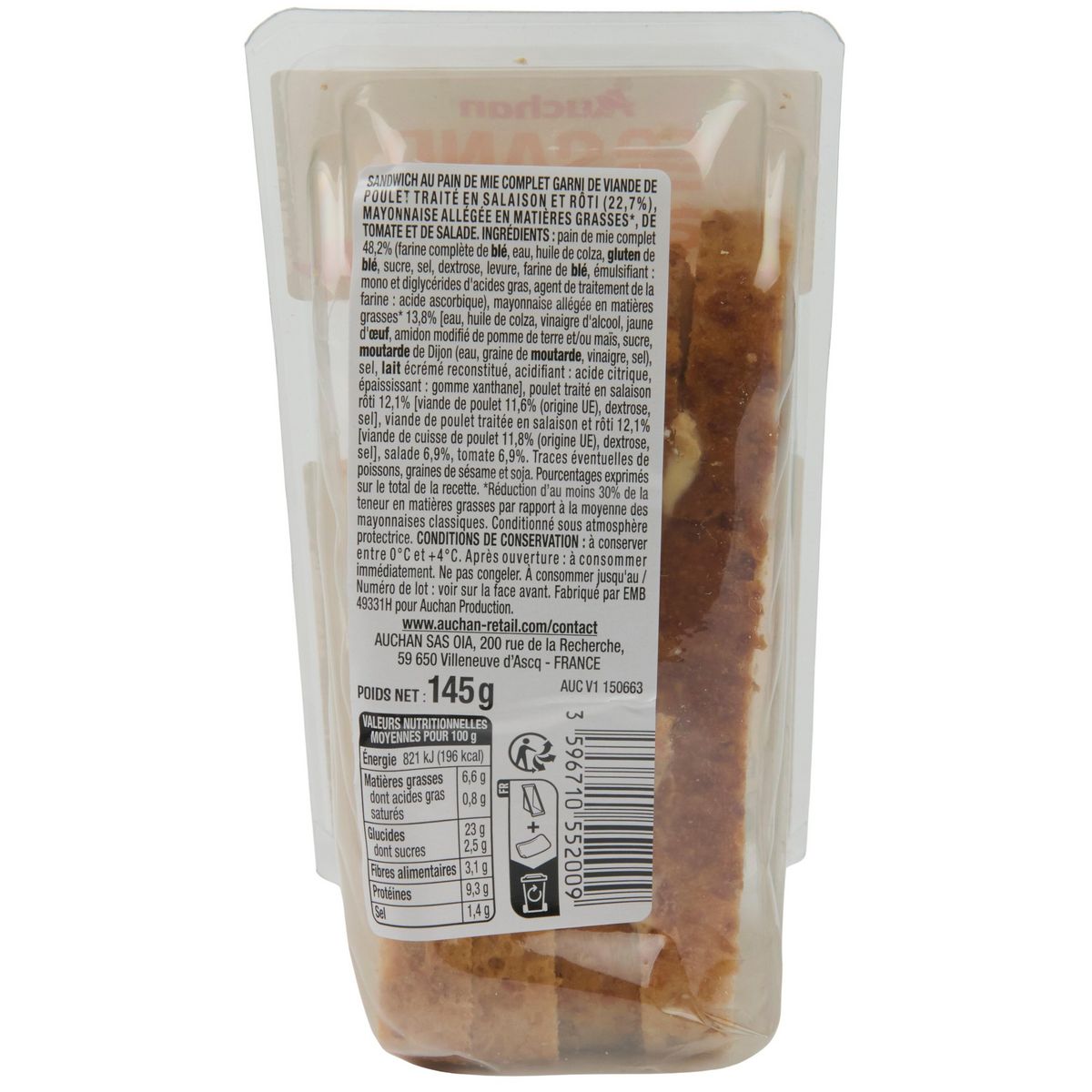 AUCHAN Sandwich poulet crudités 145g