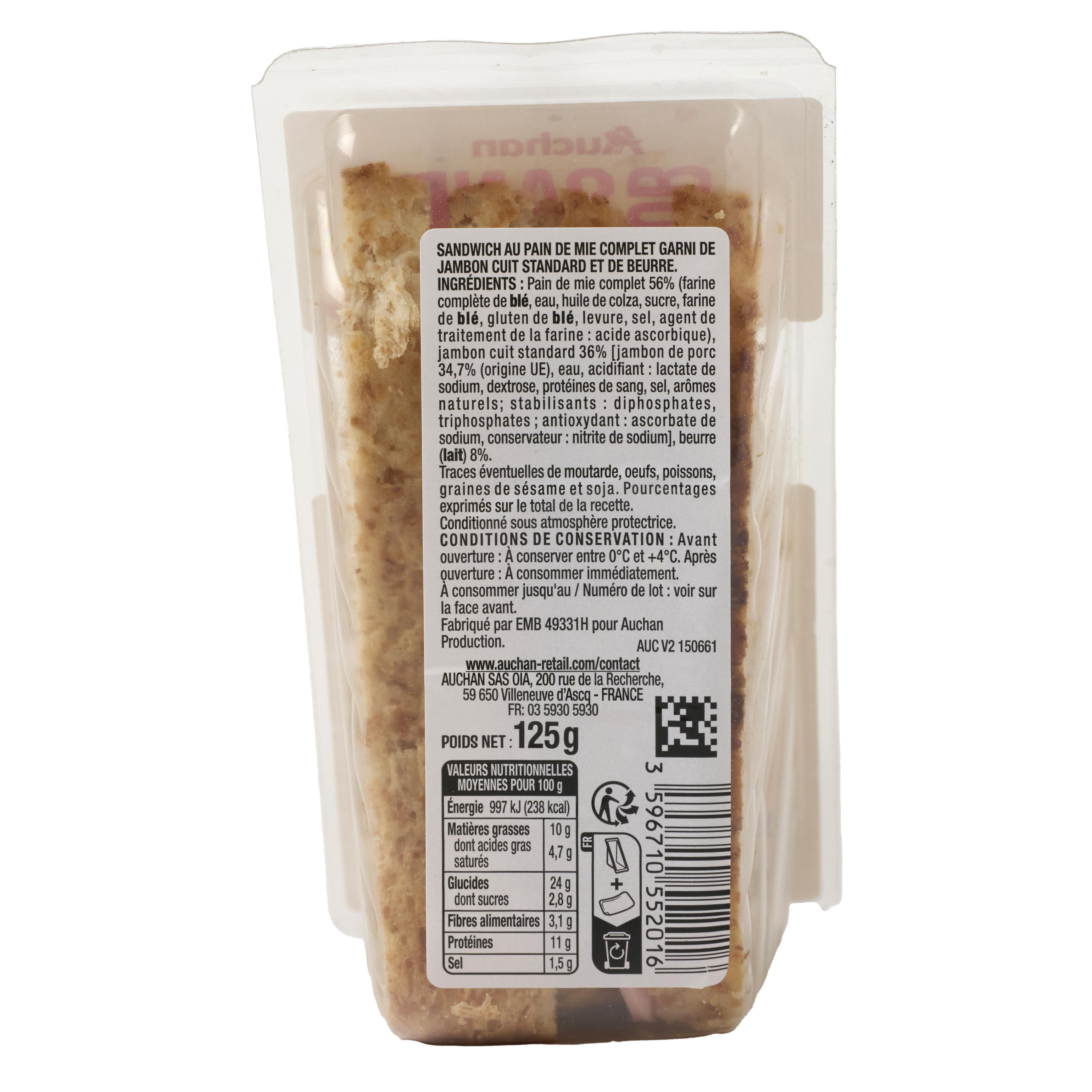 Voir la diapositive 2 : AUCHAN Sandwich jambon beurre 125g