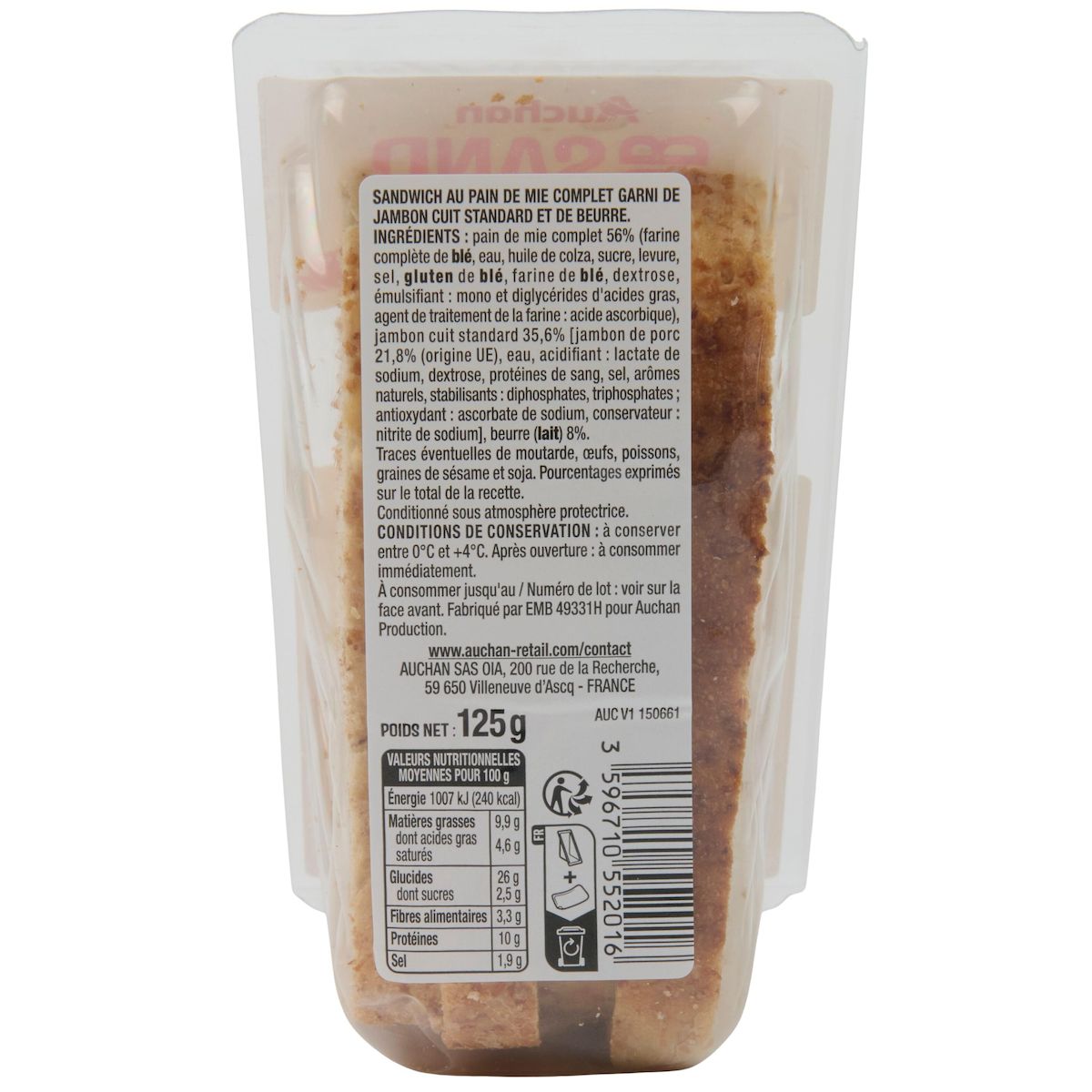 AUCHAN Sandwich jambon beurre 125g