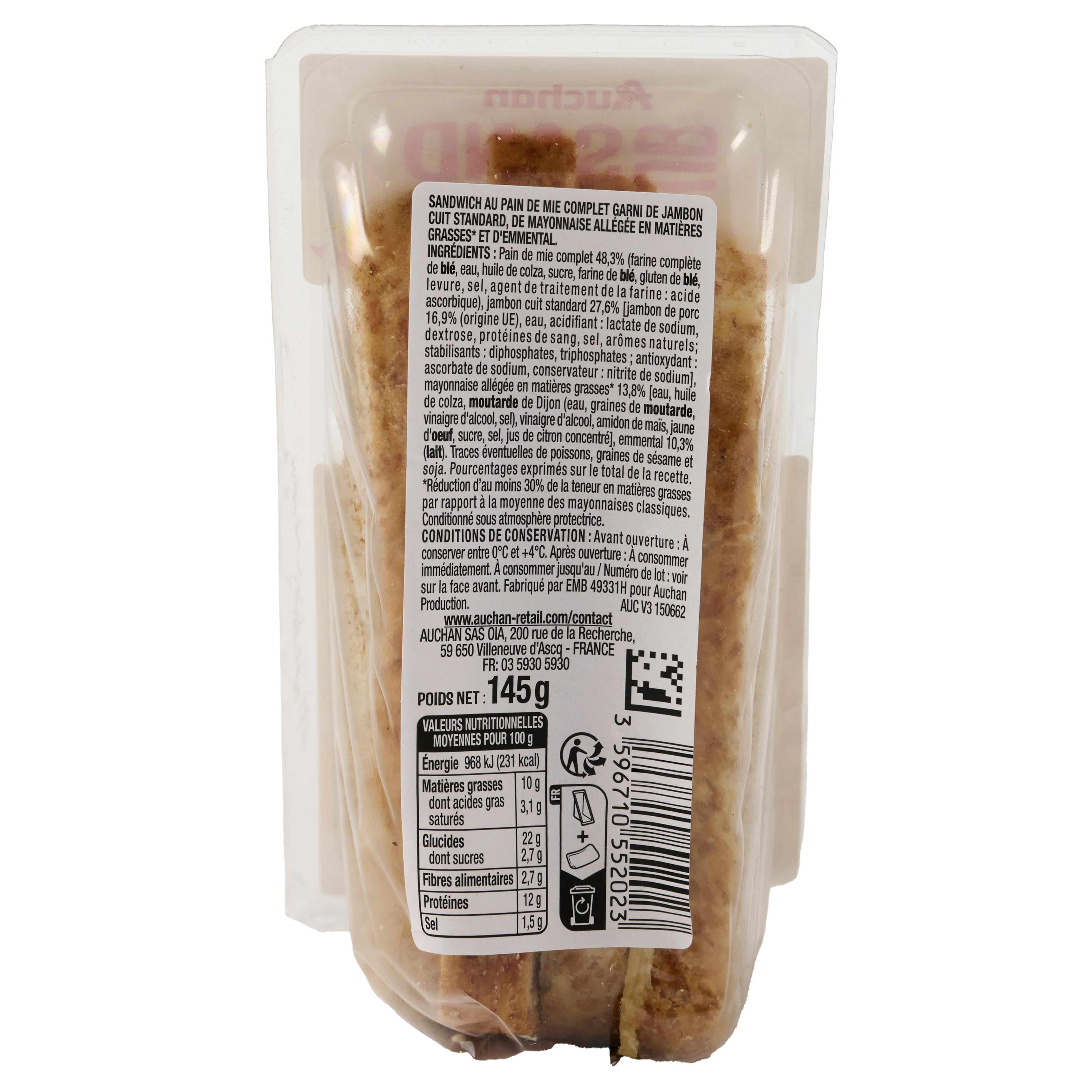Voir la diapositive 2 : AUCHAN Sandwich jambon emmental 145g