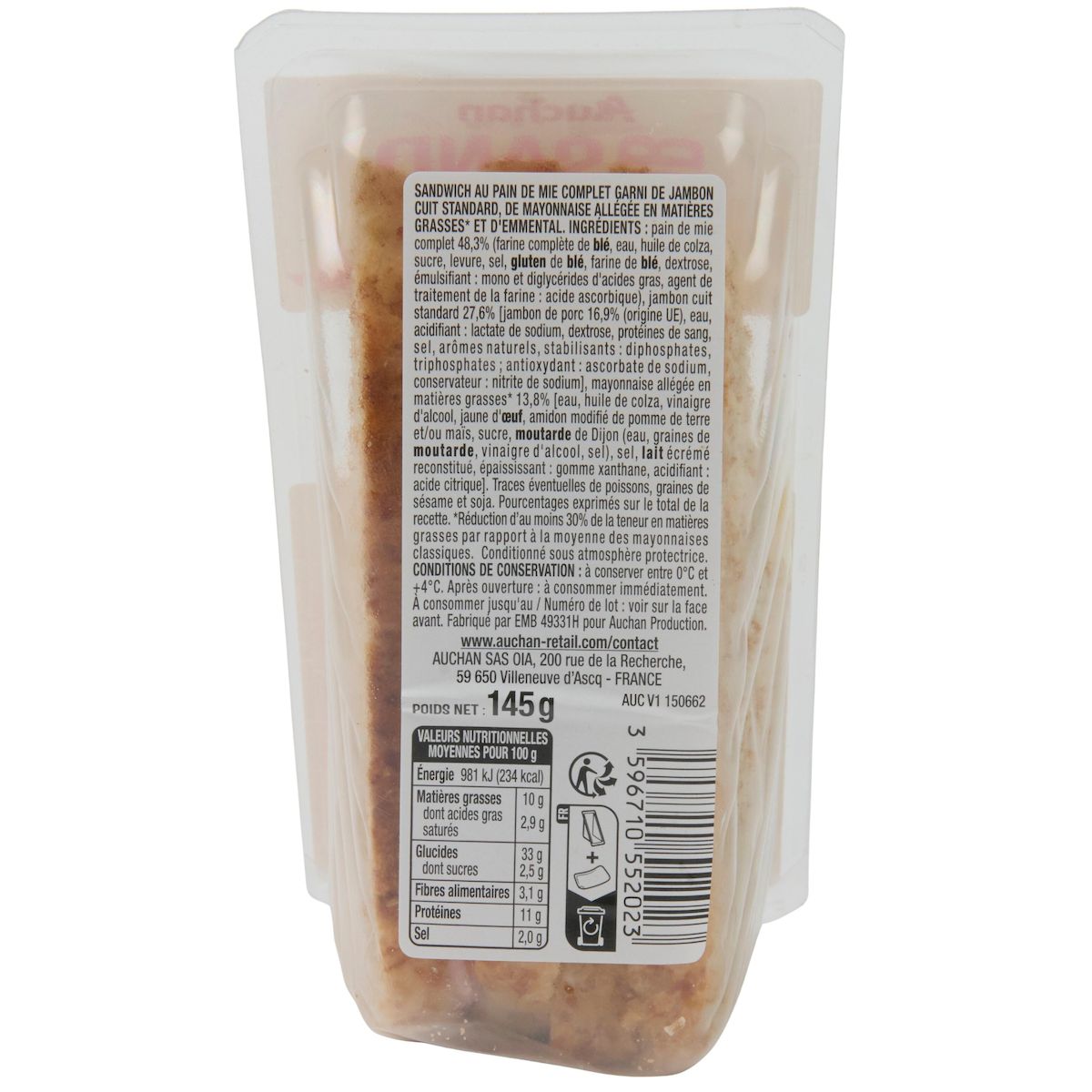 AUCHAN Sandwich jambon emmental 145g