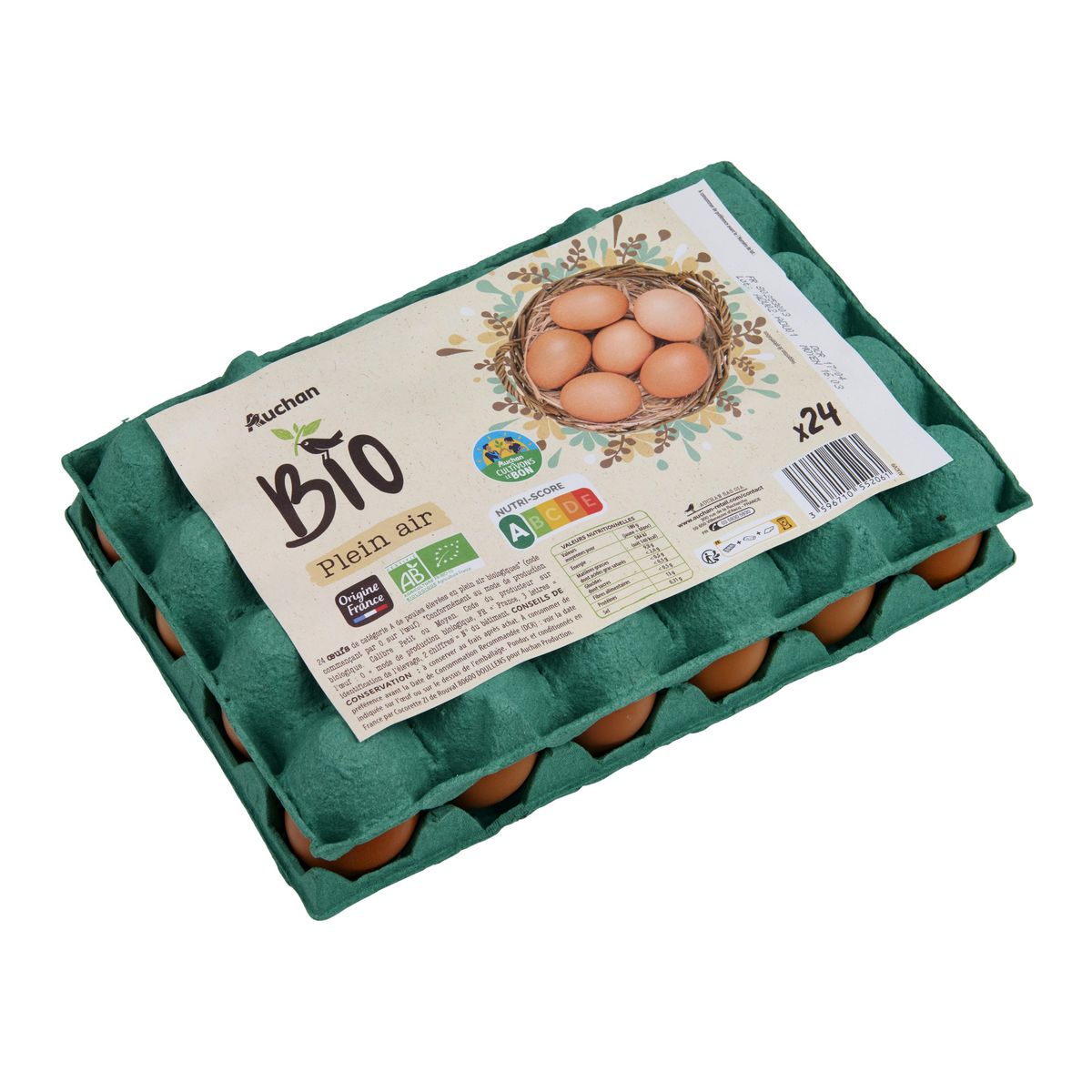 AUCHAN BIO Oeufs de poules élevées en plein air bio 24 pièces