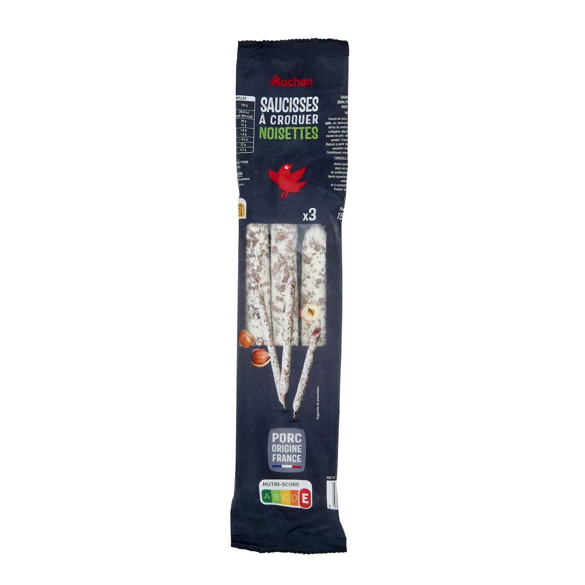 AUCHAN Saucisse droite aux noisettes 3 pièces 150g