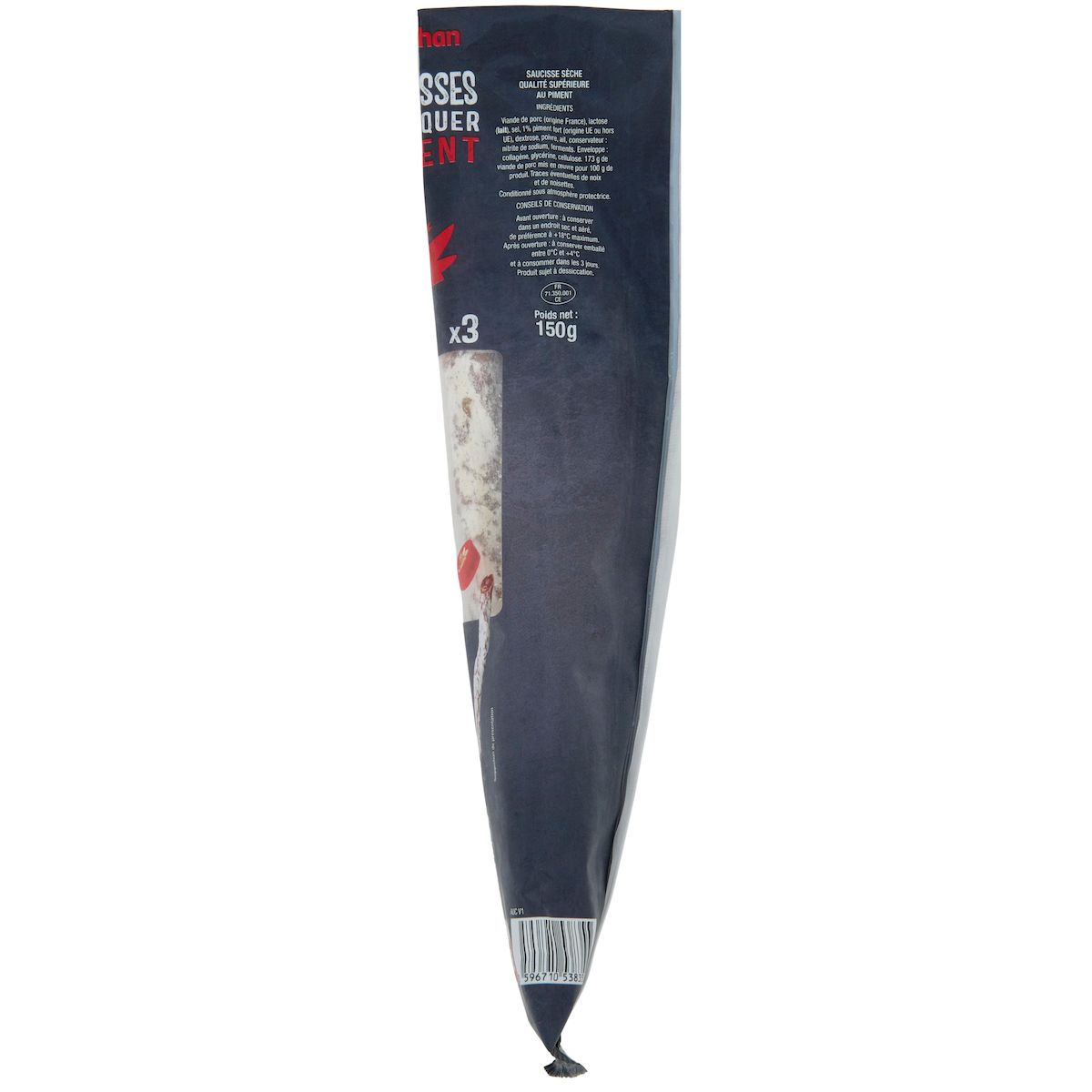 AUCHAN Saucisse droite piment 3 pièces 150g