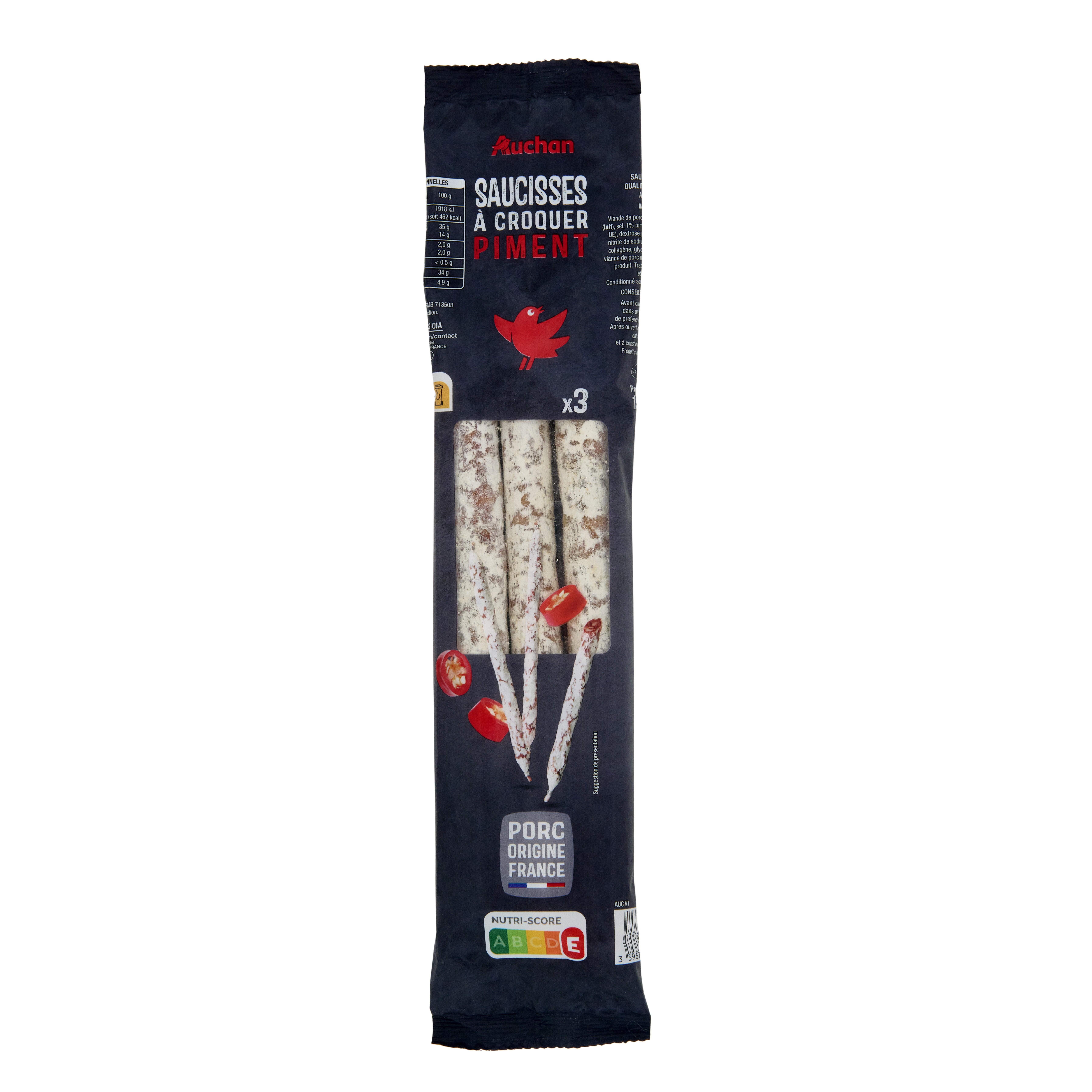 Voir la diapositive 4 : AUCHAN Saucisse droite piment 3 pièces 150g