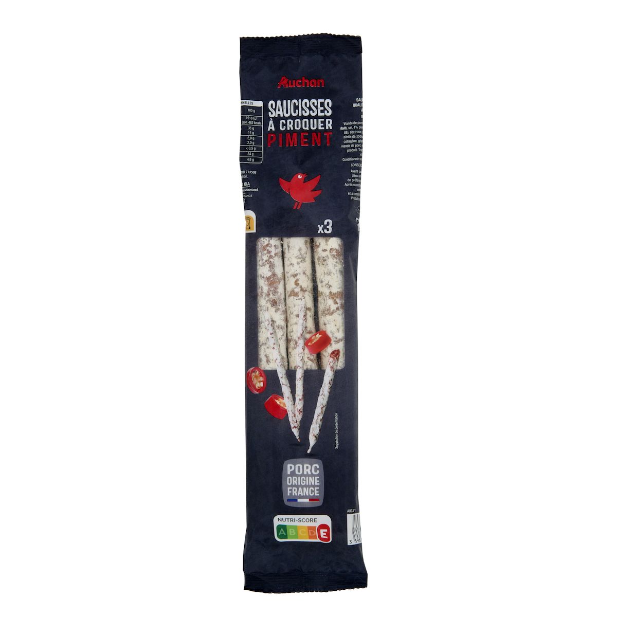 AUCHAN Saucisse droite piment 3 pièces 150g